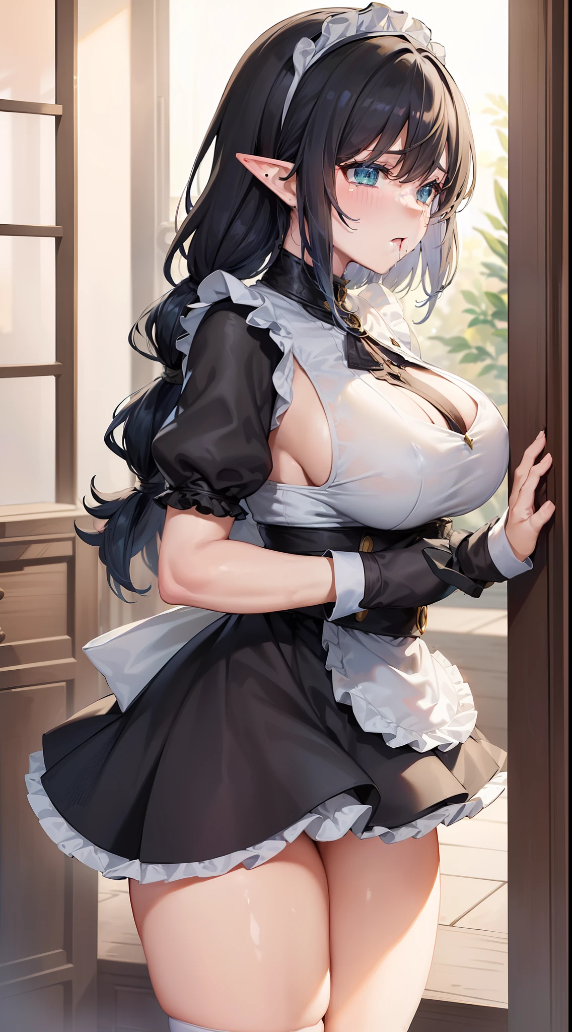 (1girl in), Long Wave Hair、dark brown hair, Amazing face and eyes,(natural make up)、(Brown eyes), medium large breasts、(High school uniform with wide open chest:1.1)、bared chest, (amazingly beautiful girl), Styliška Chusha、Ruffle style costumes, (Maid Cafe Costume, Pleated mini-skirt:1.5), (Best Quality:1.4), (Ultra-detailed), (extremely detailed CG unified 8k wallpaper), ((Stylish maid café)), Maid Cafe Popular Staff, Light yellow lace panties、(((The skirt is rolled up by the wind)))、((buttocks visible))、((embarassed expression))、Butt sticking out pose