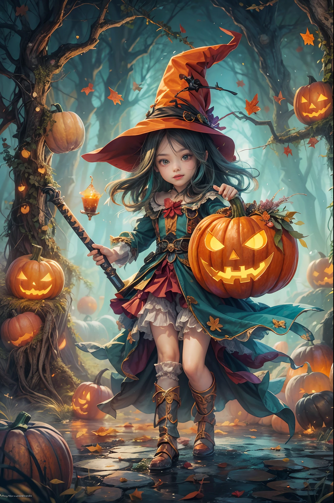 Whimsical Halloween Witch, Wear energetic and playful magical costumes, Stand in a magical forest filled with colorful magic splashes, Hellbringers，red - eyed，Meniscus，Red Moon，borgar，pumpkins，the bats, Cartoon style with watercolor effects, 2D, Perfect for character design or fantasy-themed t-shirt design, Fantasy world, Cute cartoon design style, the night，Skysky，Zangetsu，vibrant with colors，brightly，1.4x realism，hyper HD，It is displayed in this beautiful scene，（The is very detailed，reasonable design，Clear lines，High- sharpness，tmasterpiece，offcial art，movie light effect，8K）, DruidMagicAI, m0nstrcrz