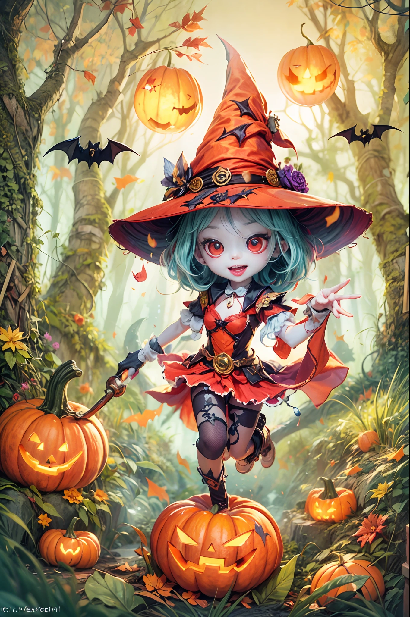 Whimsical Halloween Witch, Wear energetic and playful magical costumes, Stand in a magical forest filled with colorful magic splashes, Hellbringers，red - eyed，Meniscus，Red Moon，borgar，pumpkins，the bats, Cartoon style with watercolor effects, 2D, Perfect for character design or fantasy-themed t-shirt design, Fantasy world, Cute cartoon design style, the night，Skysky，Zangetsu，vibrant with colors，brightly，1.4x realism，hyper HD，It is displayed in this beautiful scene，（The is very detailed，reasonable design，Clear lines，High- sharpness，tmasterpiece，offcial art，movie light effect，8K）, DruidMagicAI, m0nstrcrz