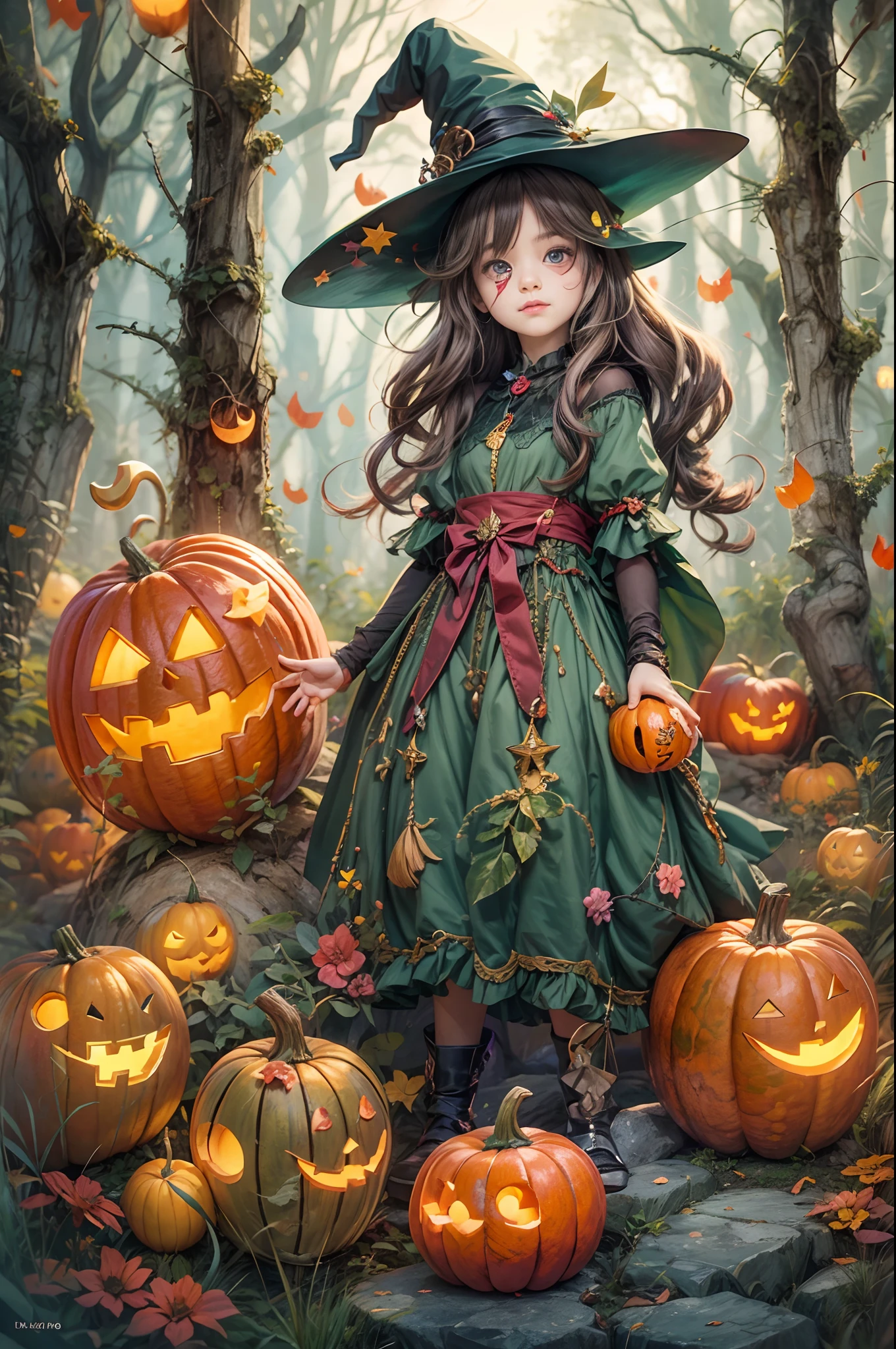 Whimsical Halloween Witch, Wear energetic and playful magical costumes, Stand in a magical forest filled with colorful magic splashes, Hellbringers，red - eyed，Meniscus，Red Moon，borgar，pumpkins，the bats, Cartoon style with watercolor effects, 2D, Perfect for character design or fantasy-themed t-shirt design, Fantasy world, Cute cartoon design style, the night，Skysky，Zangetsu，vibrant with colors，brightly，1.4x realism，hyper HD，It is displayed in this beautiful scene，（The is very detailed，reasonable design，Clear lines，High- sharpness，tmasterpiece，offcial art，movie light effect，8K）, DruidMagicAI, m0nstrcrz