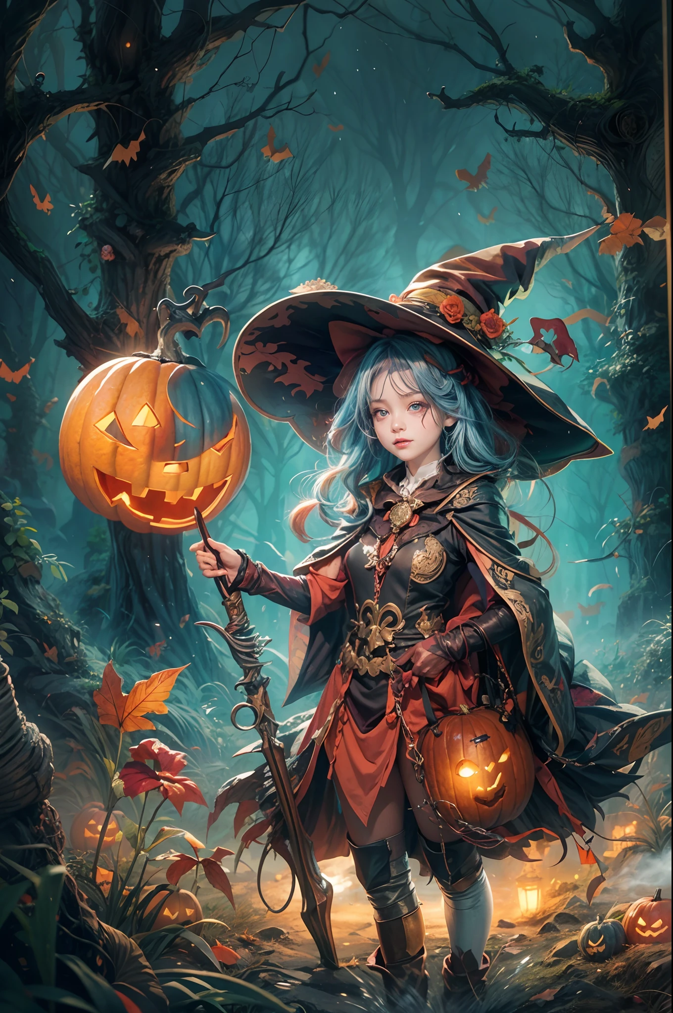 Whimsical Halloween Witch, Wear energetic and playful magical costumes, Stand in a magical forest filled with colorful magic splashes, Hellbringers，red - eyed，Meniscus，Red Moon，borgar，pumpkins，the bats, Cartoon style with watercolor effects, 2D, Perfect for character design or fantasy-themed t-shirt design, Fantasy world, Cute cartoon design style, the night，Skysky，Zangetsu，vibrant with colors，brightly，1.4x realism，hyper HD，It is displayed in this beautiful scene，（The is very detailed，reasonable design，Clear lines，High- sharpness，tmasterpiece，offcial art，movie light effect，8K）, DruidMagicAI, m0nstrcrz