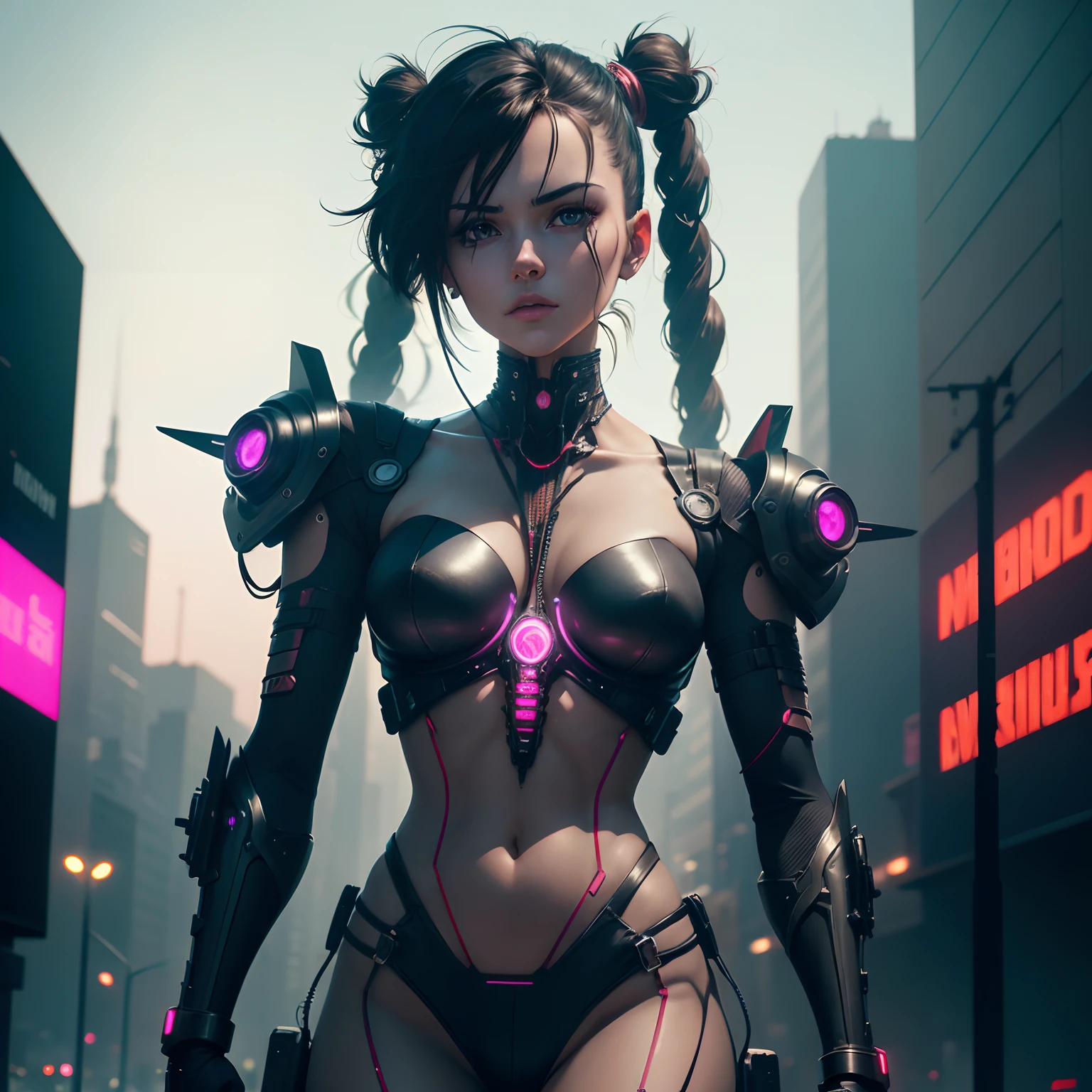 Superior Quality, masterpiece, 超A high resolution, ((Photorealista: 1.4), Photo RAW, A dark-haired, Tough skin, 1 Mechanics, (super realistic details)), globalillumination, shadowy, Octane Rendering, 8K, ultrasharp,exposed face, Metal, Intricate decoration details, Egyptian details, high intricate detailed, Realistic light, CG Trend, in front of camera, neon details, Mechanical limbs, blood vessels connected to tubes, Mechanical vertebrae attached to the back, Mechanical cervical attachment to the neck, wires and cables connecting to head, Evangelion, Small Bright LED Bulb, (Stunning cyberpunk cityscape in the background)Close-up portrait of a ferocious warrior holding two bloody swords, cyberpunk anime art, cyberpunk anime art, an animated character; Full Body Art,Changes from Cyberpunk, digital cyberpunk - anime art, Digital Art Cyberpunk Anime, Cyberpunk weapons, cyberpunk themed art, cyberpunk art style,Experienced Cyberpunk Anime Man, Cyberpunk Art, cyberpunk horror style