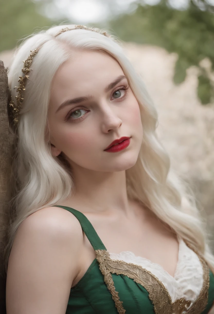 A girl with pale white skin, around 19 years old, has natural white hair and unique green eyes. She is wearing a corset and has a slender and graceful figure. There is a deep red wound cutting across her left cheek. The scene is set in a medieval environment, illuminated by candlelight. The image is of the highest quality, with 4k resolution, detailed and realistic focus. The girl is dressed in medieval women's clothing, and the overall color tone is dominated by four colors, with a touch of scarlet added to enhance the intensity.