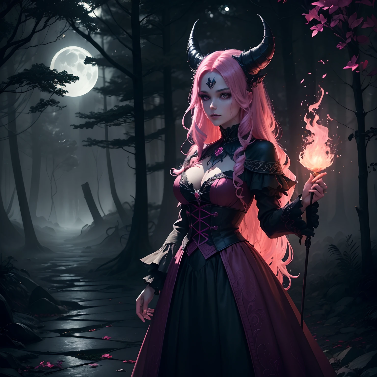 (Devil Woman With Pink Hair,Spells:1.1,blazing:1.1)(Illustration)(Best Quality,Ultra-detailed,Realistic:1.37),Devil Witch(Demonic:1.1)(Magic:1.1)(forest)(dark and mysterious,ominous vibe),Cast powerful spells,Generating magical energy(Magic:1.1),vivid pink hair(Swirling pink hair)(Flowing pink hair),Horns(demonic horns:1.1),piercing red eyes,Enchanted Scepter(Magic Scepter),Elaborate dark cloves,Glowing magic seal,Fiery embers swirl(Magic embers:1.1)(Glowing embers),magical aura(glowing aura),Spooky Shadows,Otherworldly beings(presence),sinister smile,Sunset in the background(a dark night:1.1)(moonlit forest),Lush, Dense Foliage(twisted trees)(Mysterious plants:1.1),Mystical particles(Swirling particles)(Floating particles),ethereal glow(Ethereal:1.1)(soft glow),The tree々Faint moonlight shining in between,Unforgettable and captivating(scary atmosphere),Bewitching beauty,Wide range of colors(Vivid colors)(contrasted colors),Mystical realm,Impressive details,dynamic compositions,Captivating artwork,Photorealistic style(Picasso style),Impressive shading and lighting,explosive energy,Magical atmosphere(Fantasy atmosphere),dreamy scene
