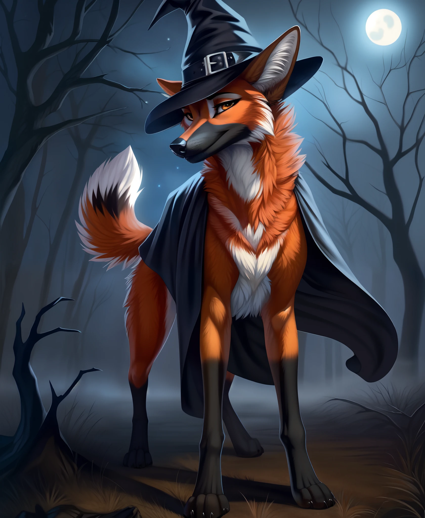 halloween, a feral female maned wolf wearing a witch costume, cape, hat, headgear, solo, female, feral,  fur, quadruped, maned wolf, seductive, looking at viewer, tail, paws, spooky, night, fog, [best quality, shaded, extreme detail, highly detailed, ultradetailed, intricate, realistic], detailed background, by Enki Bilal, by wolfy-nail, by Michael & Inessa Garmash, Ruan Jia, by drmax,