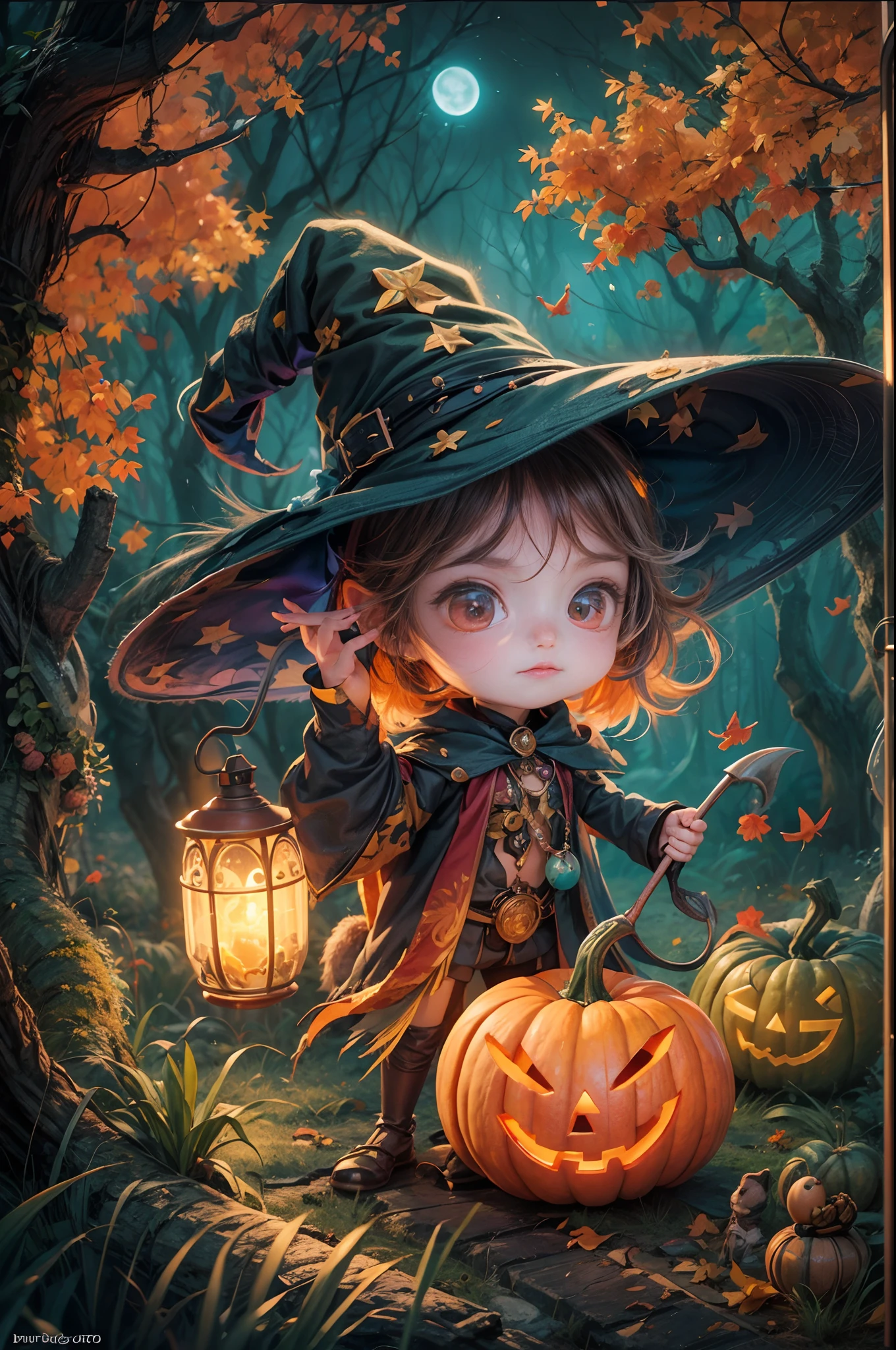 Whimsical Halloween Witch, Wear energetic and playful magical costumes, Stand in a magical forest filled with colorful magic splashes, Hellbringers，red - eyed，Meniscus，Red Moon，borgar，pumpkins，the bats, Cartoon style with watercolor effects, 2D, Perfect for character design or fantasy-themed t-shirt design, Fantasy world, Cute cartoon design style, the night，Skysky，Zangetsu，vibrant with colors，brightly，1.4x realism，hyper HD，It is displayed in this beautiful scene，（The is very detailed，reasonable design，Clear lines，High- sharpness，tmasterpiece，offcial art，movie light effect，8K）, DruidMagicAI, m0nstrcrz