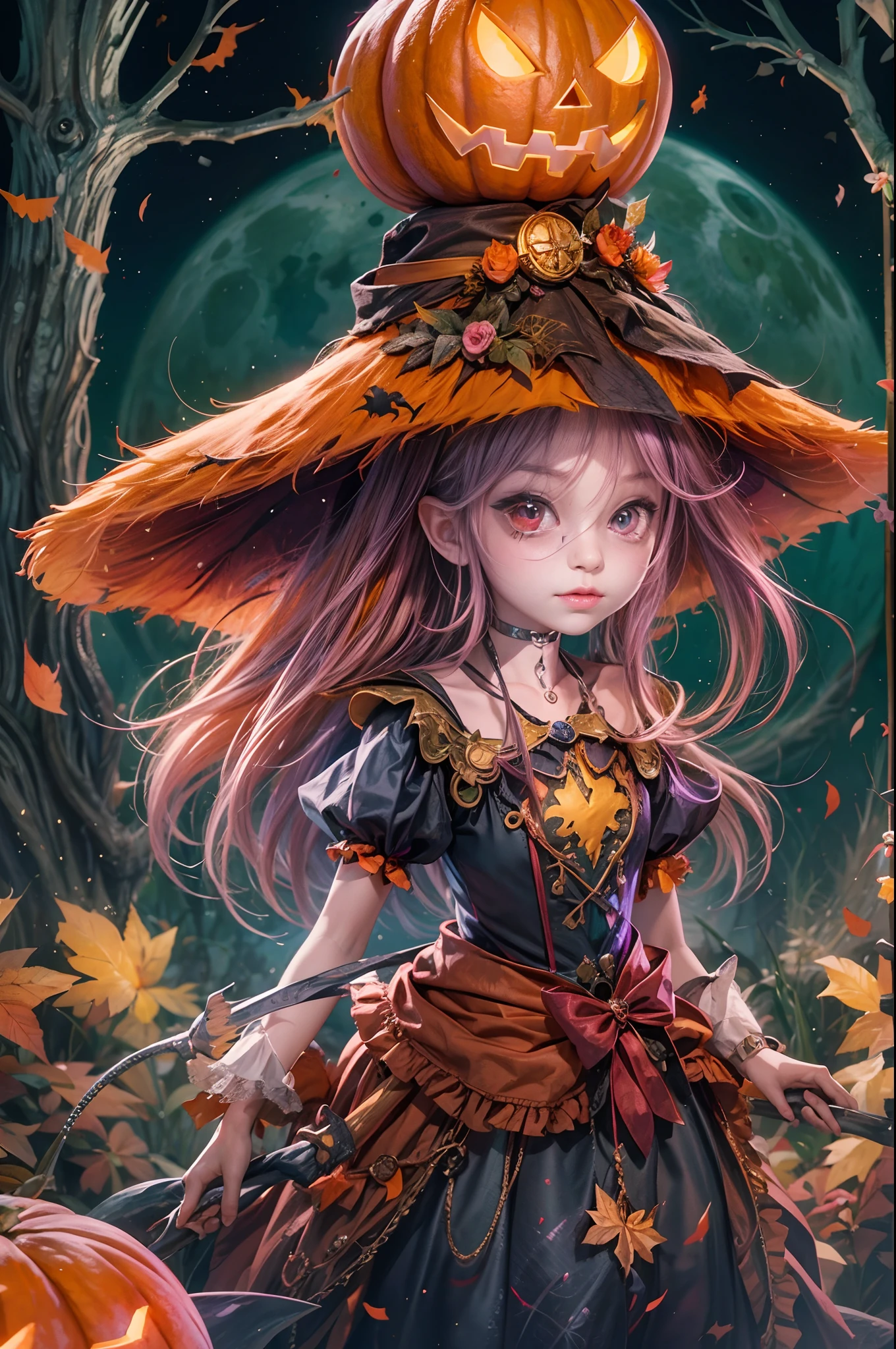 Whimsical Halloween Witch, Wear energetic and playful magical costumes, Stand in a magical forest filled with colorful magic splashes, Hellbringers，red - eyed，Meniscus，Red Moon，borgar，pumpkins，the bats, Cartoon style with watercolor effects, 2D, Perfect for character design or fantasy-themed t-shirt design, Fantasy world, Cute cartoon design style, the night，Skysky，Zangetsu，vibrant with colors，brightly，1.4x realism，hyper HD，It is displayed in this beautiful scene，（The is very detailed，reasonable design，Clear lines，High- sharpness，tmasterpiece，offcial art，movie light effect，8K）, DruidMagicAI, m0nstrcrz