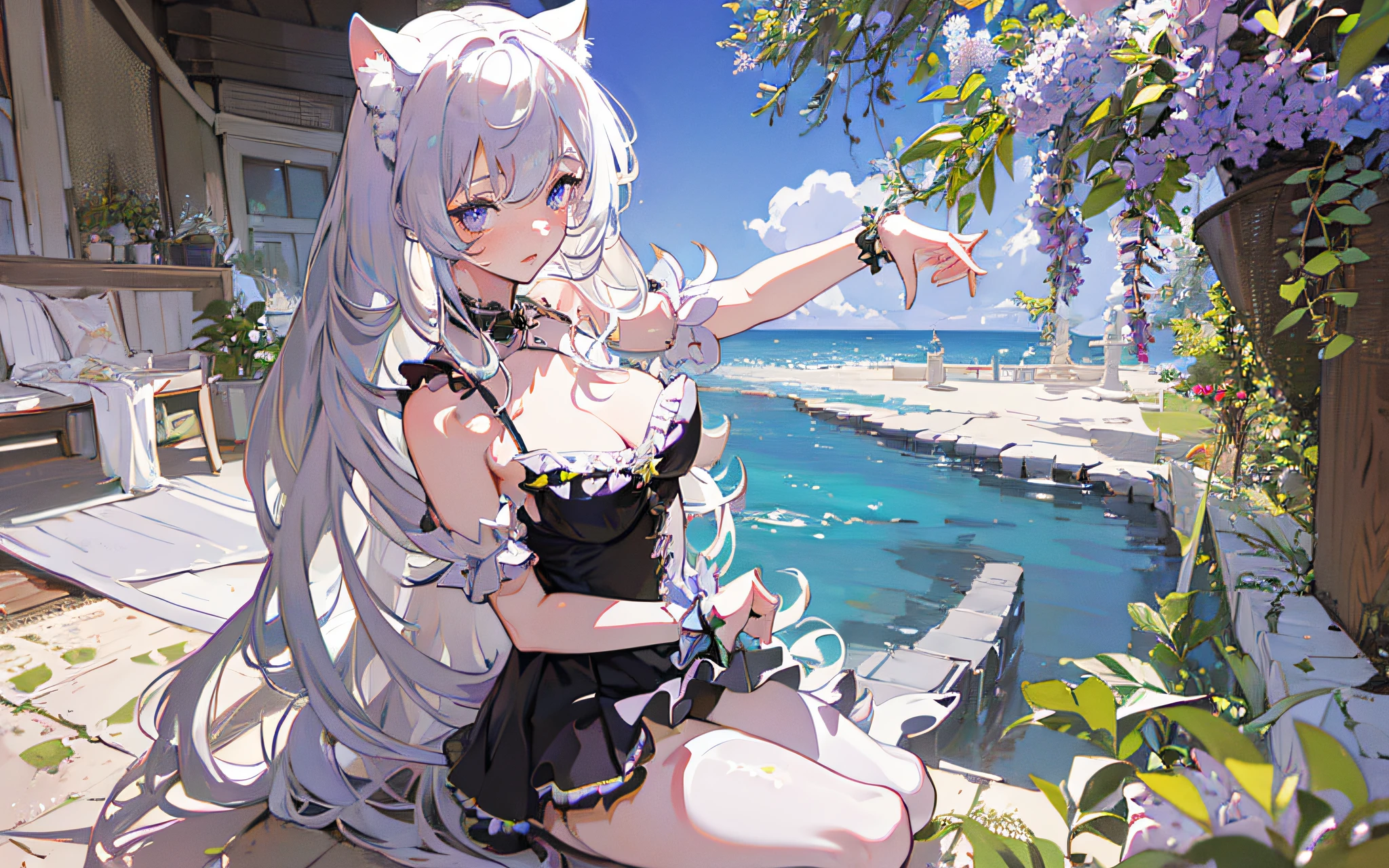 (1 girl:1.2), white hair, green eyes, purple eyes, heterochromia , frills, cat ears,( black and white swimsuit:1.1), lolita fashion, highly detailed, masterpiece, wallpaper, absurdres, over the sea, sandbeach,