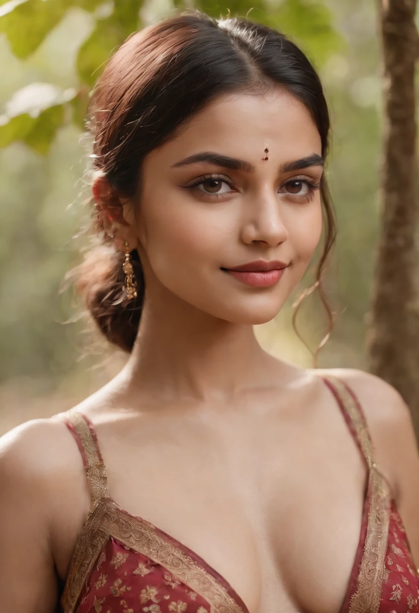 Indian young woman with devine smiling face, perfectly tattoo on breast around nipples, location is in forest temple, perfect anatomy, equally symmetric arms, 16k, ultra high max pro resolution, high defination, curvy body, tattooed breast size 40 DDD, buttocks 40 inch, symmetric body and face structure, ultra realistic symmetric eye, porn style octane render, ultra max pro very beautiful facial structure, very attractive facial gesture, perfect shape and size of fingers and thumb, Divine Style,