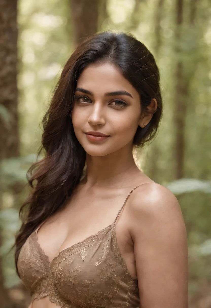 Indian young woman with devine smiling face, perfectly tattoo on breast around nipples, location is in forest temple, perfect anatomy, equally symmetric arms, 16k, ultra high max pro resolution, high defination, curvy body, tattooed breast size 40 DDD, buttocks 40 inch, symmetric body and face structure, ultra realistic symmetric eye, porn style octane render, ultra max pro very beautiful facial structure, very attractive facial gesture, perfect shape and size of fingers and thumb, Divine Style,