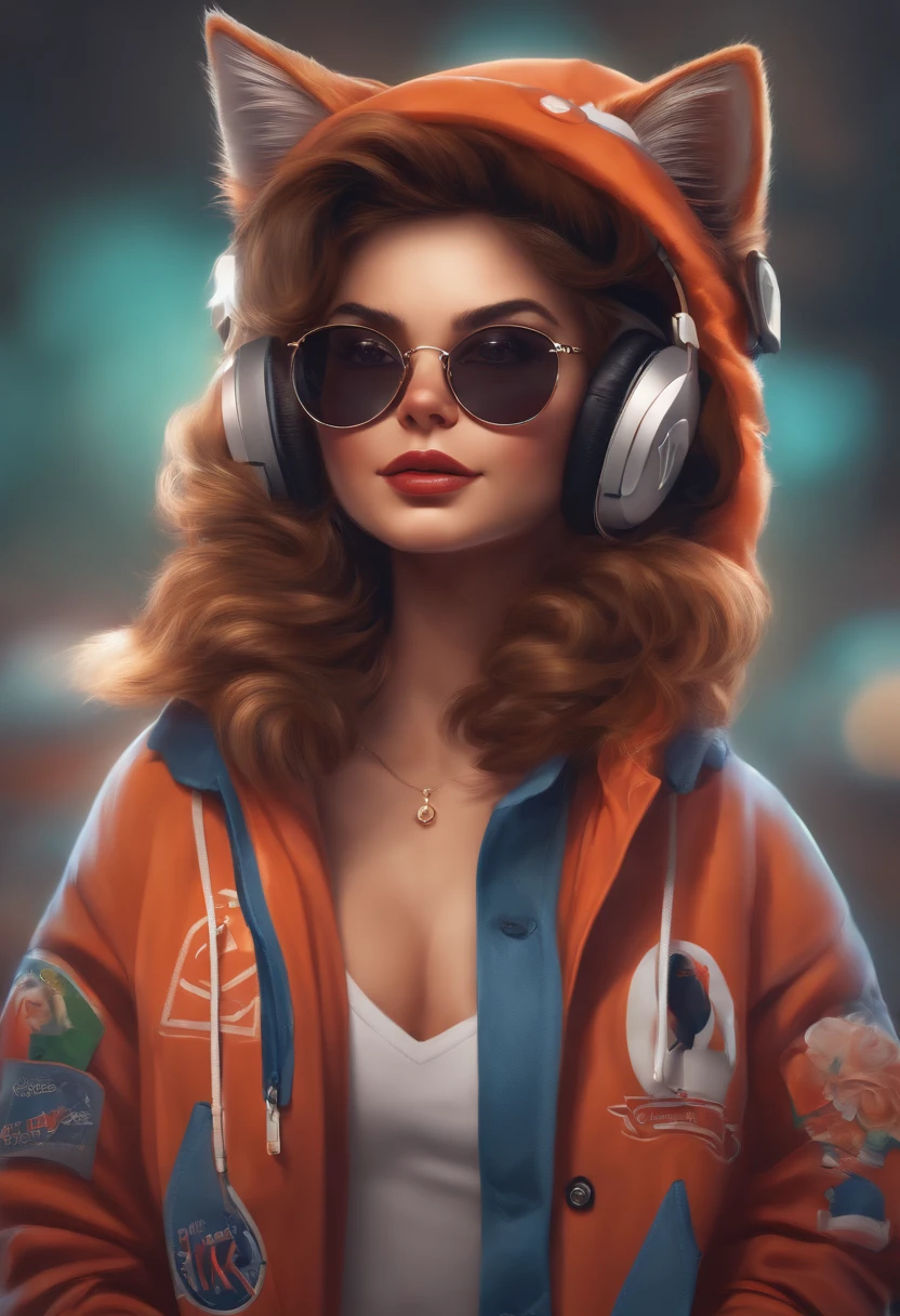 Perfect centering, Cute cat, Wear a student team jacket, Wearing sunglasses, Wearing headphones, cheerfulness, Standing position, Abstract beauty, Centered, Looking at the camera, Facing the camera, Approaching perfection, Dynamic, Highly detailed, Smooth, Sharp Focus, 8K