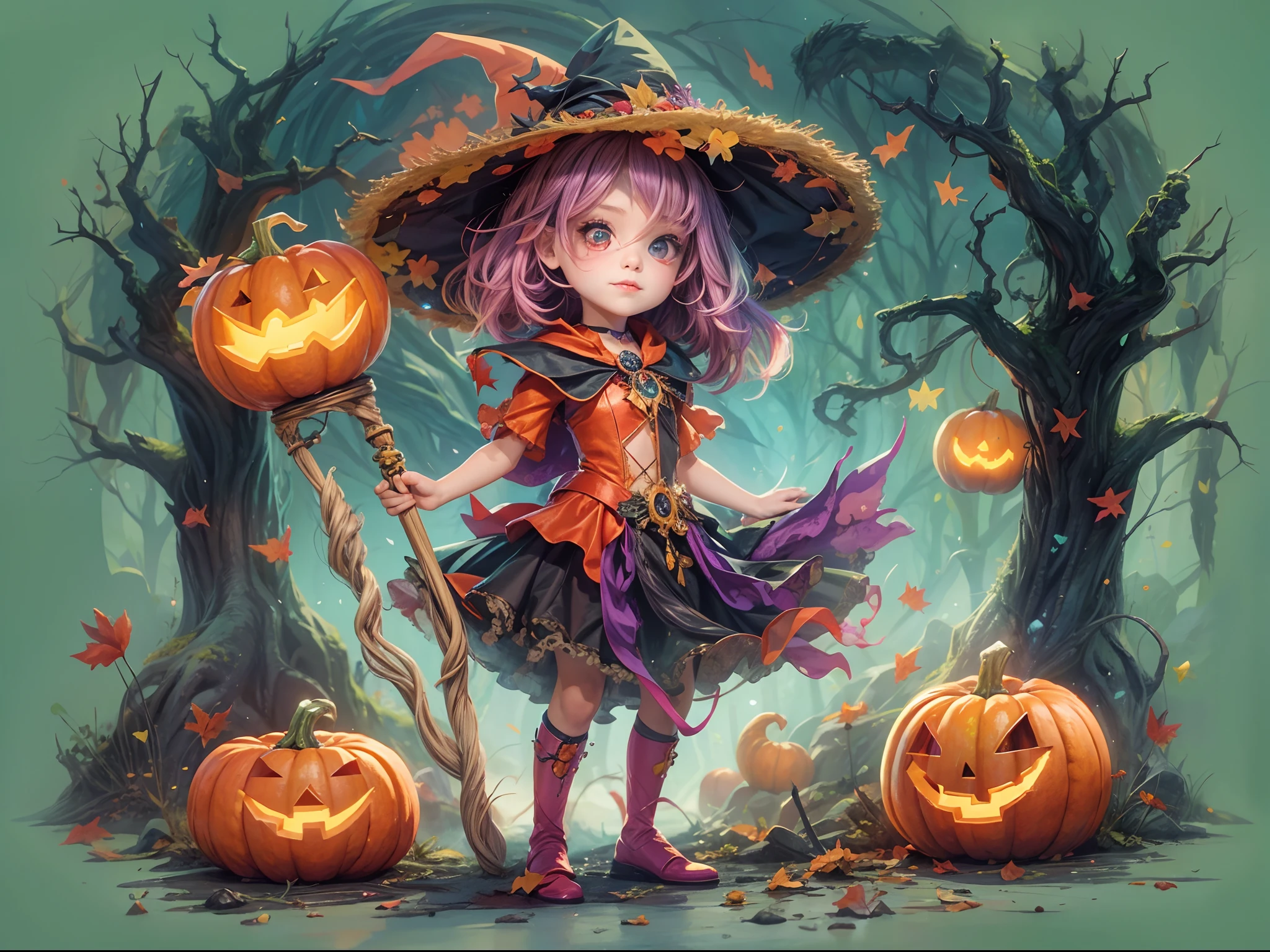 Whimsical Halloween Witch, Wear energetic and playful magical costumes, Stand in a magical forest filled with colorful magic splashes, Hellbringers，red - eyed，Meniscus，Red Moon，borgar，pumpkins，the bats, Cartoon style with watercolor effects, 2D, Perfect for character design or fantasy-themed t-shirt design, Fantasy world, Cute cartoon design style, the night，Skysky，Zangetsu，vibrant with colors，brightly，1.4x realism，hyper HD，It is displayed in this beautiful scene，（The is very detailed，reasonable design，Clear lines，High- sharpness，tmasterpiece，offcial art，movie light effect，8K）, DruidMagicAI, m0nstrcrz