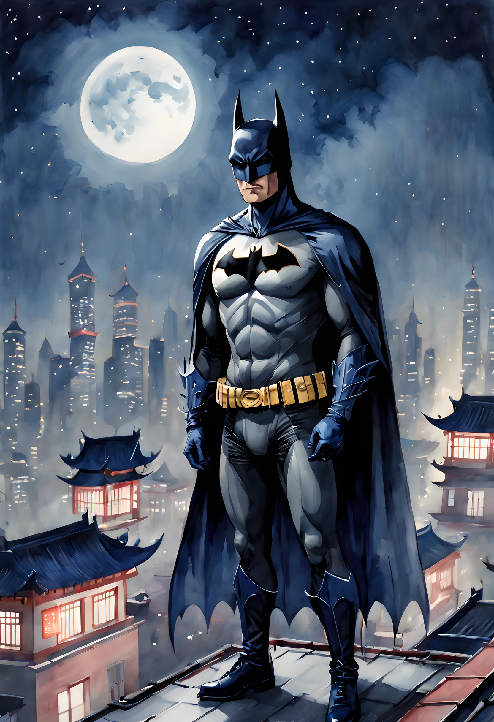 (halloween theme:1.5), (ink and watercolor painting:1.5), (batman:1.5), (Tasteful:1.5), (ink and watercolor painting:1.5), (Chinese style:1.5), (magic:1.5), (Batman:1.5), (portrait:1.5), (rooftop:1.5), (night:1.5), (midnight:1.5), (shanghai:1.5), (chinese batman:1.5), (wearing a (fusion of batman bodysuit and hanfu:1.5),