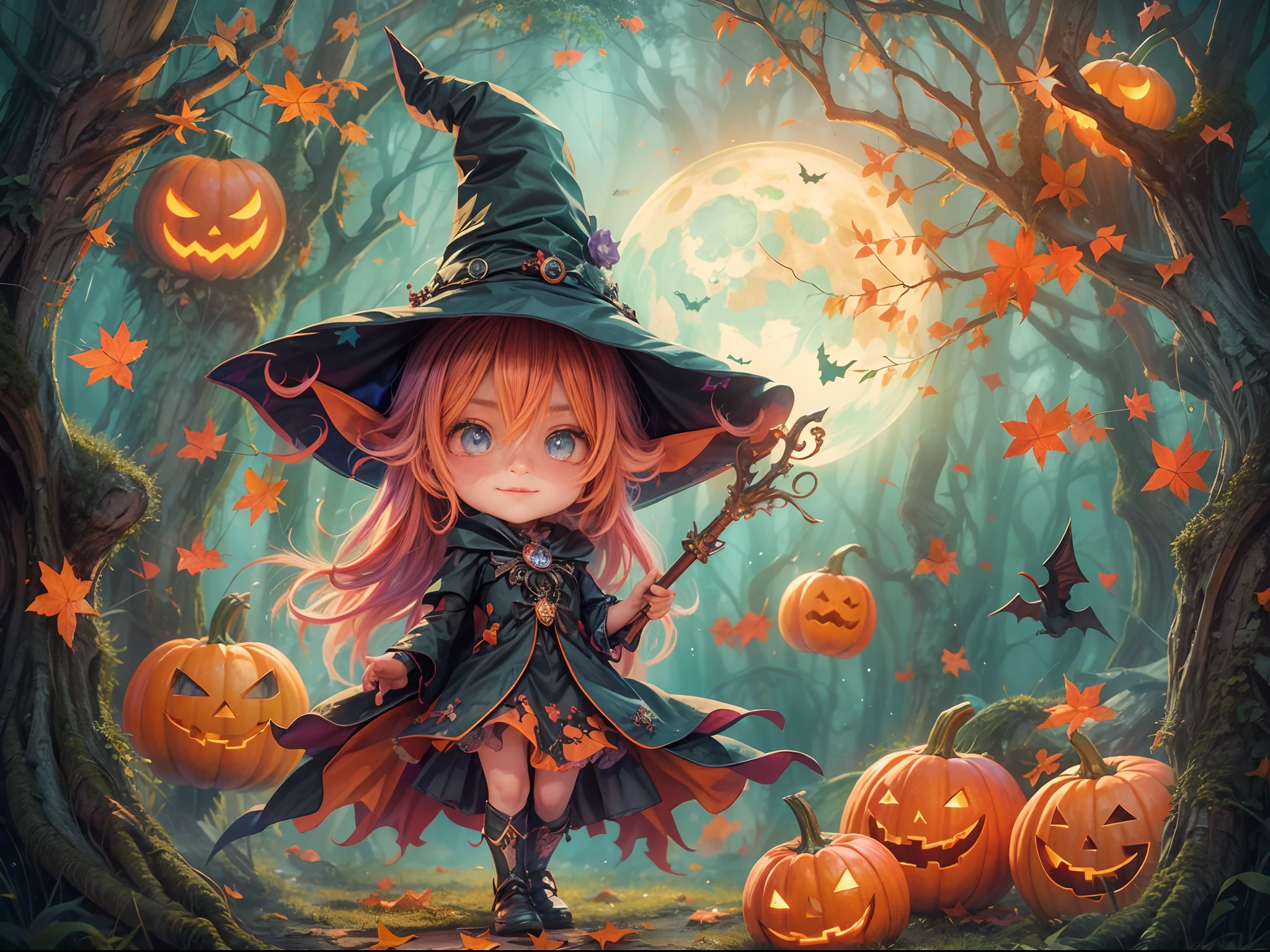 Whimsical Halloween Witch, Wear energetic and playful magical costumes, Stand in a magical forest filled with colorful magic splashes, Hellbringers，red - eyed，Meniscus，Red Moon，borgar，pumpkins，the bats, Cartoon style with watercolor effects, 2D, Perfect for character design or fantasy-themed t-shirt design, Fantasy world, Cute cartoon design style, the night，Skysky，Zangetsu，vibrant with colors，brightly，1.4x realism，hyper HD，It is displayed in this beautiful scene，（The is very detailed，reasonable design，Clear lines，High- sharpness，tmasterpiece，offcial art，movie light effect，8K）, DruidMagicAI, m0nstrcrz