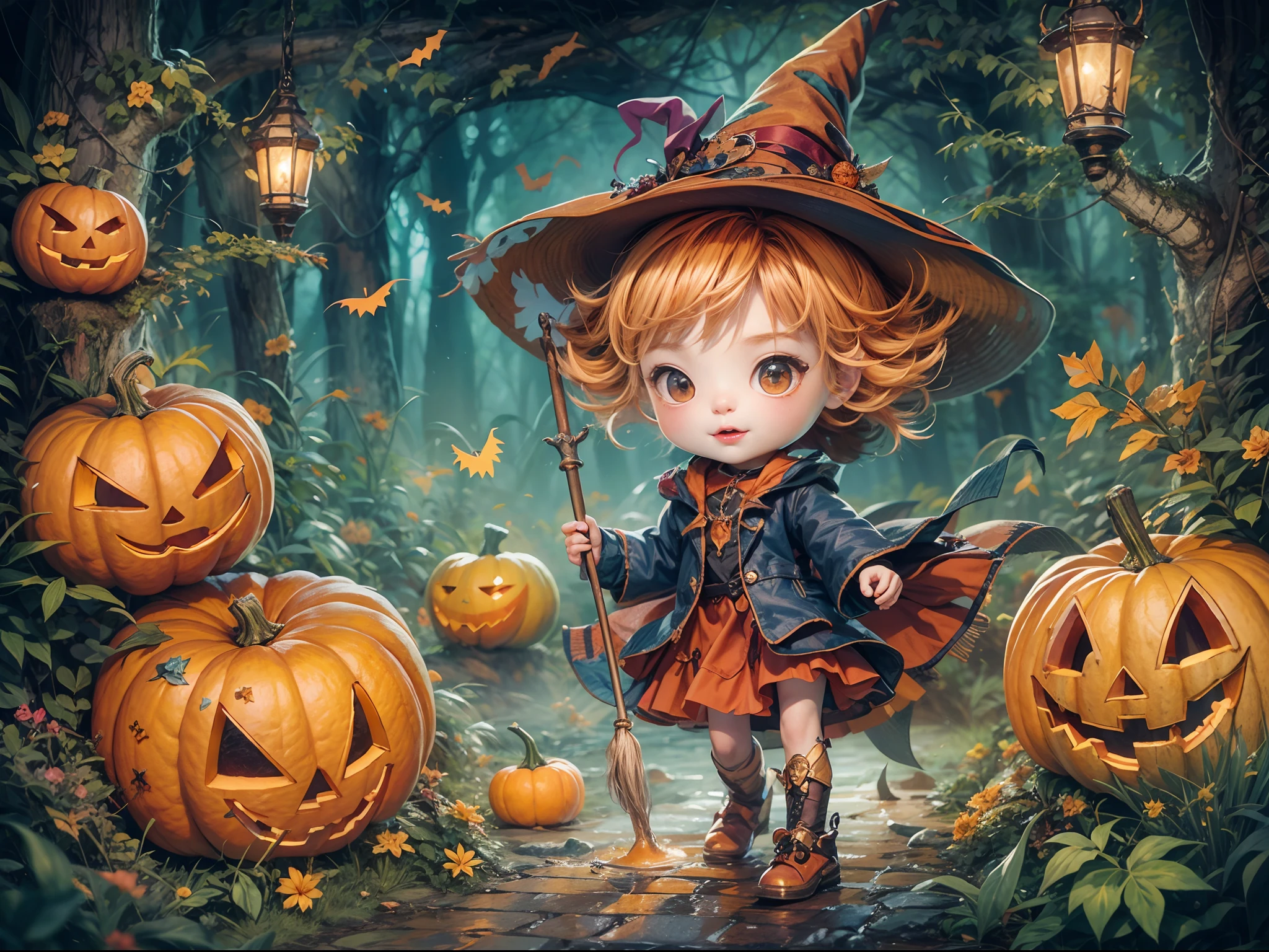 Whimsical Halloween Witch, Wear energetic and playful magical costumes, Stand in a magical forest filled with colorful magic splashes, Hellbringers，red - eyed，Meniscus，Red Moon，borgar，pumpkins，the bats, Cartoon style with watercolor effects, 2D, Perfect for character design or fantasy-themed t-shirt design, Fantasy world, Cute cartoon design style, the night，Skysky，Zangetsu，vibrant with colors，brightly，1.4x realism，hyper HD，It is displayed in this beautiful scene，（The is very detailed，reasonable design，Clear lines，High- sharpness，tmasterpiece，offcial art，movie light effect，8K）, DruidMagicAI, m0nstrcrz