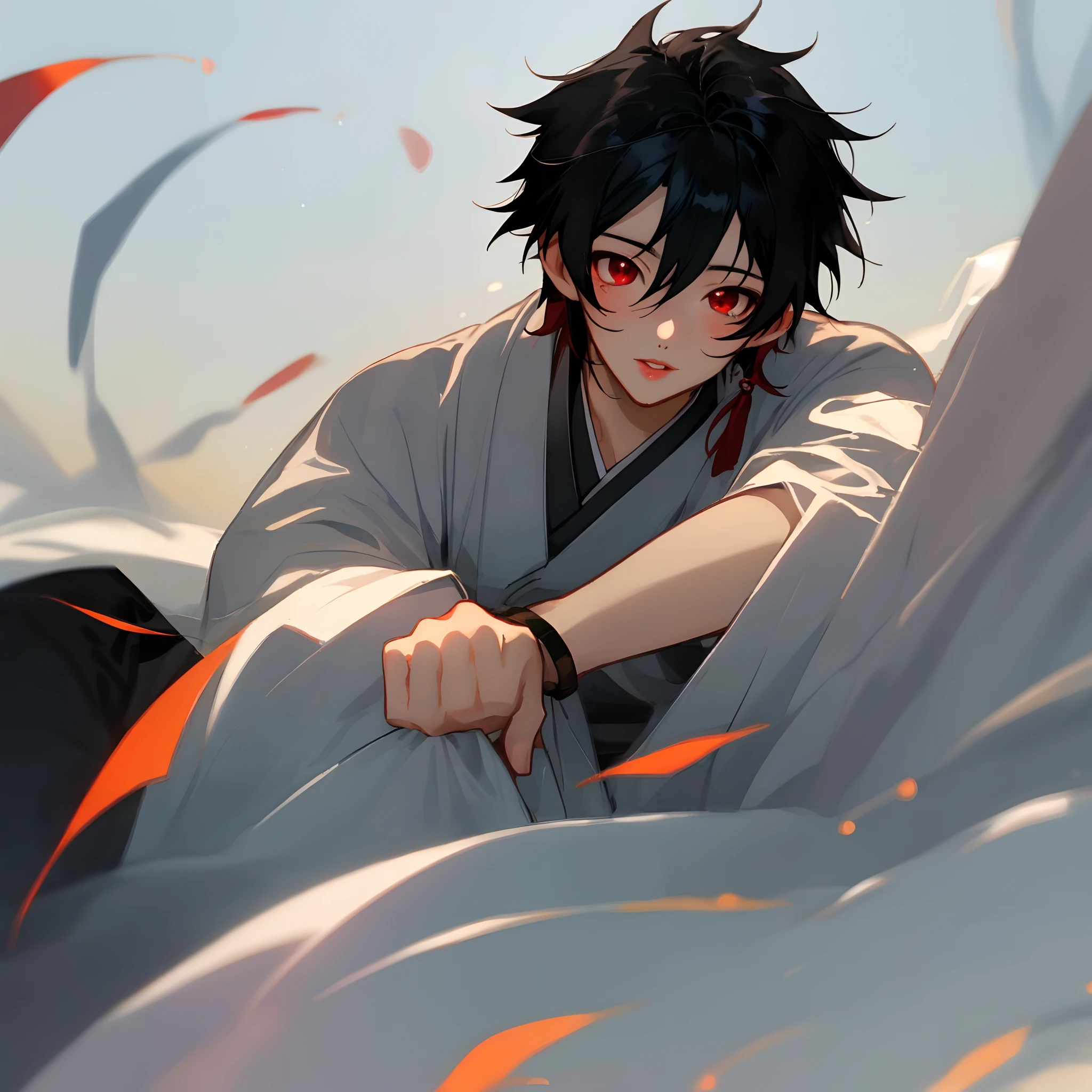 Cute Korean anime boy red eyes black hair cute lips