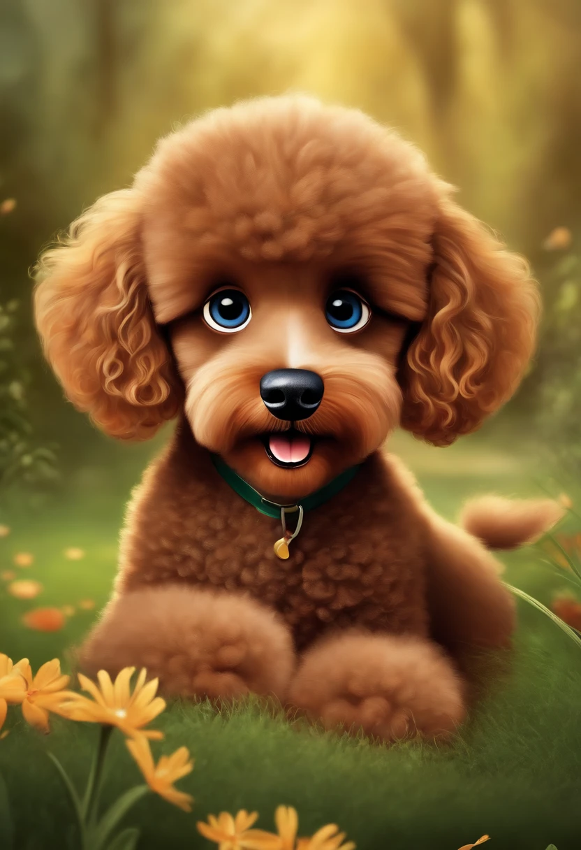 Create a poster inspired by Disney Pixar movies, a brown poodle puppy girl, well-groomed fur little puppy with sharp and pointed canine teeth playing. The poster is titled 'Lily' The digital artwork should be in the Pixar style, reminiscent of an animated feature.