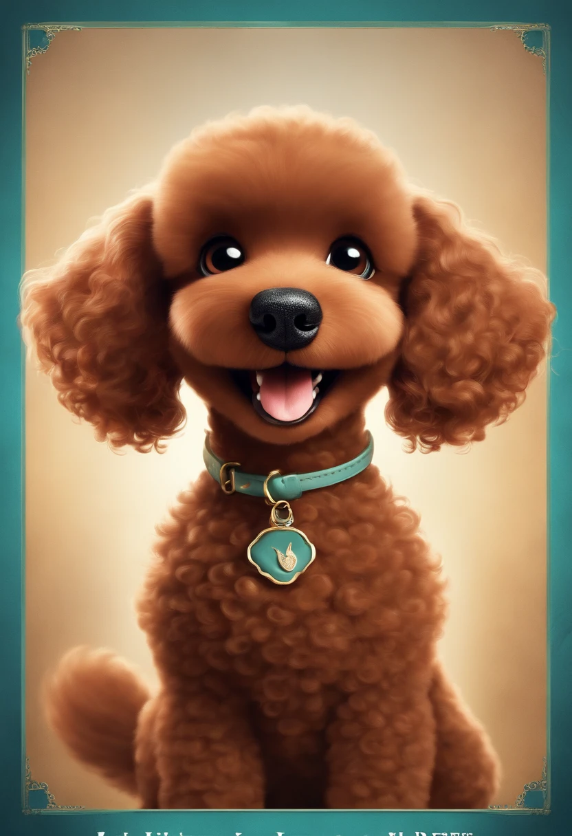 Create a poster inspired by Disney Pixar movies, a brown poodle puppy girl, well-groomed fur little puppy  with sharp and pointed canine teeth playing. The poster is titled 'Lily' The digital artwork should be in the Pixar style, reminiscent of an animated feature.