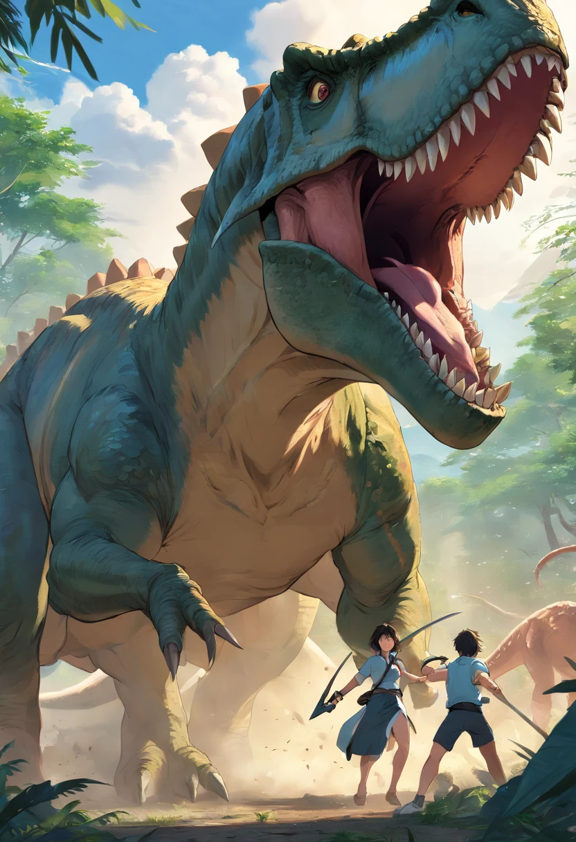 Tyrannosaurus rex vs. triceratops fierce battle, (Best quality, 4K, A high resolution, ultra - detailed), Fierce struggle, Roars and horns, Dusty prehistoric landscape, realistic shaded, Vivid colors, (A detailed, 复杂, Exquisite) Dinosaur scales and textures, dynamic movements, (irate, Determined) The expression on the face of a dinosaur, (stark, Muscular) institution, Sharp teeth and horns, (big assa, imponent) Size, (Dramatic, Dynamic) illuminating, (stark, Energetic) enhancing, (Tension, Anticipation) In the air,1 vs 1,bloods,Hunting,Defense dose,Fight to the death