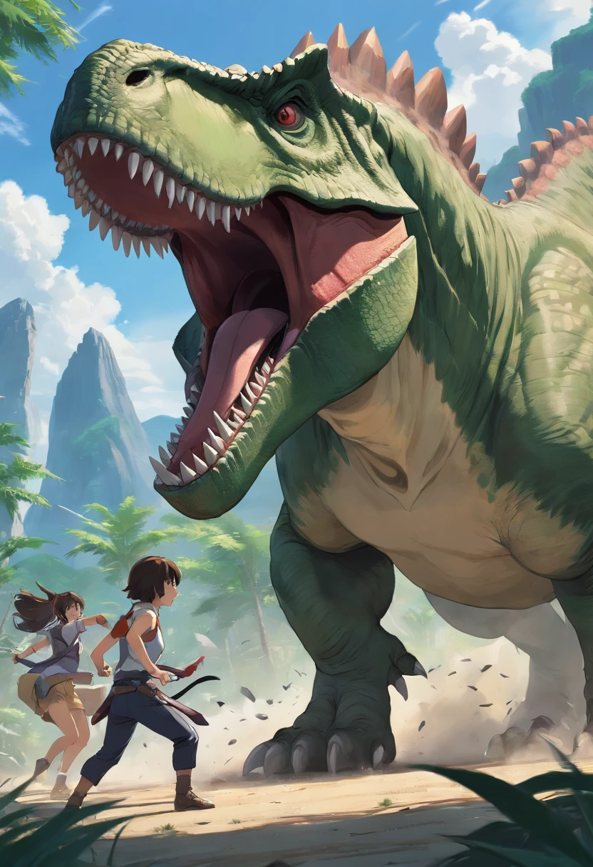 Tyrannosaurus rex vs. triceratops fierce battle, (Best quality, 4K, A high resolution, ultra - detailed), Fierce struggle, Roars and horns, Dusty prehistoric landscape, realistic shaded, Vivid colors, (A detailed, 复杂, Exquisite) Dinosaur scales and textures, dynamic movements, (irate, Determined) The expression on the face of a dinosaur, (stark, Muscular) institution, Sharp teeth and horns, (big assa, imponent) Size, (Dramatic, Dynamic) illuminating, (stark, Energetic) enhancing, (Tension, Anticipation) In the air,1 vs 1,bloods,Hunting,Defense dose,Fight to the death