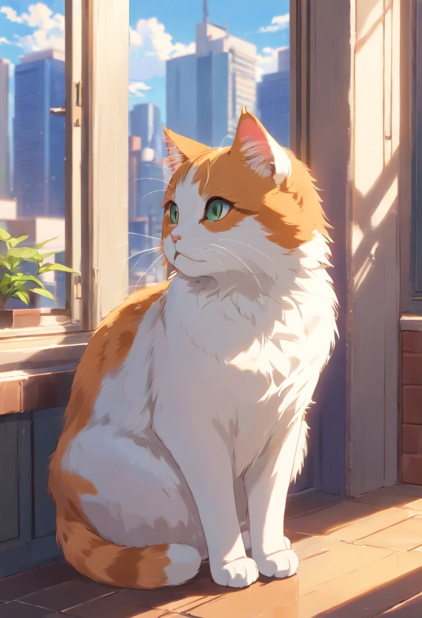 Generate ultra-high-definition images of calico cats, Classic Cat Pose. Use advanced macro photography techniques、Highlights the intricate details of the cat's coat, mustache, And expressive eyes.Buildings of Showa architecture,By the window in the sun,big yawning,