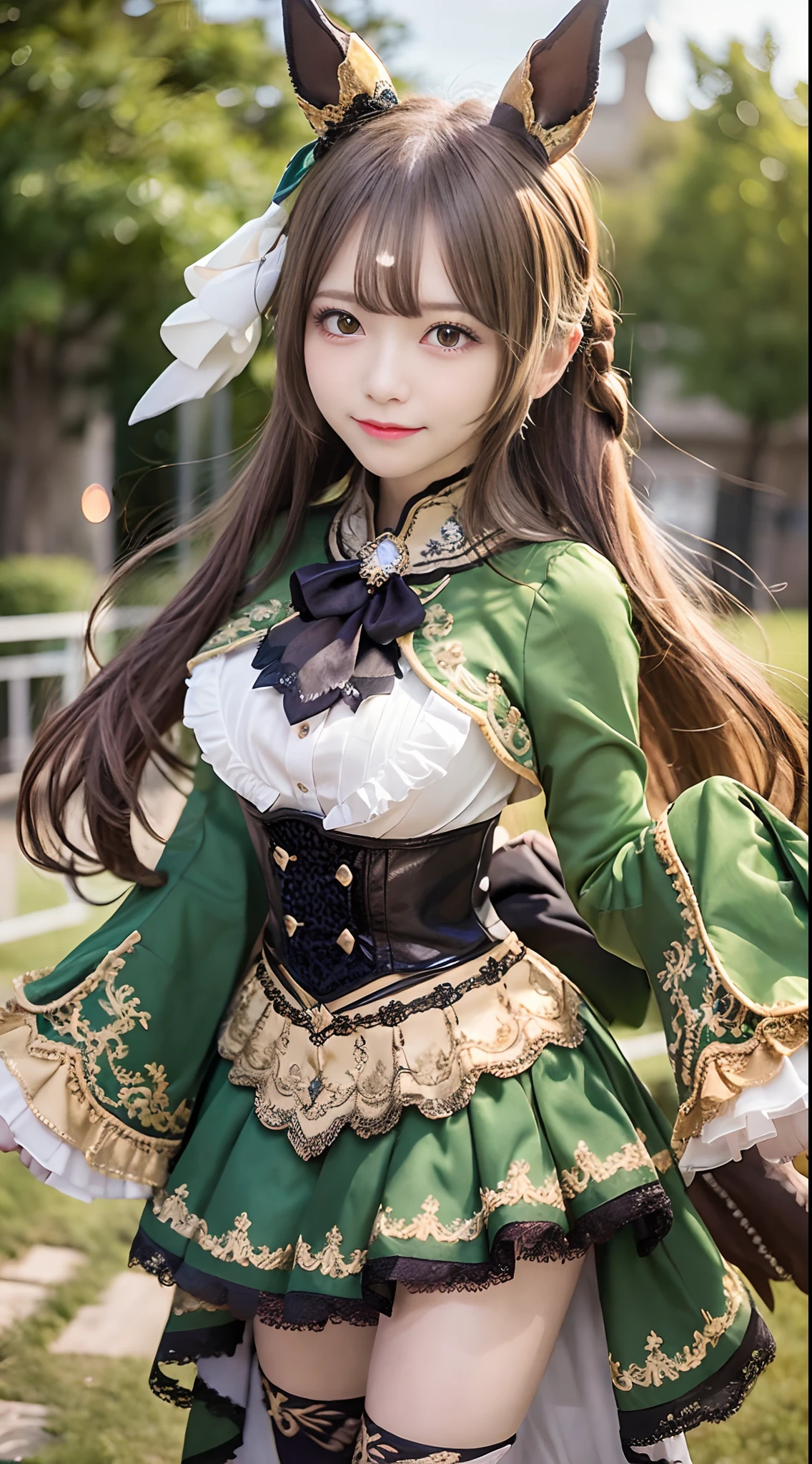 masutepiece, Best Quality, hight resolution, Asasato, Long hair, half updo, braid, hair between eye, Animal ears, ear ornament, Horse tail, breasts, frilld, Black Ascot, Green dress, (sleeves past wrists:1.2), black thighhighs, Cowboy Shot, Standing, Outdoors, Smile, Open mouth