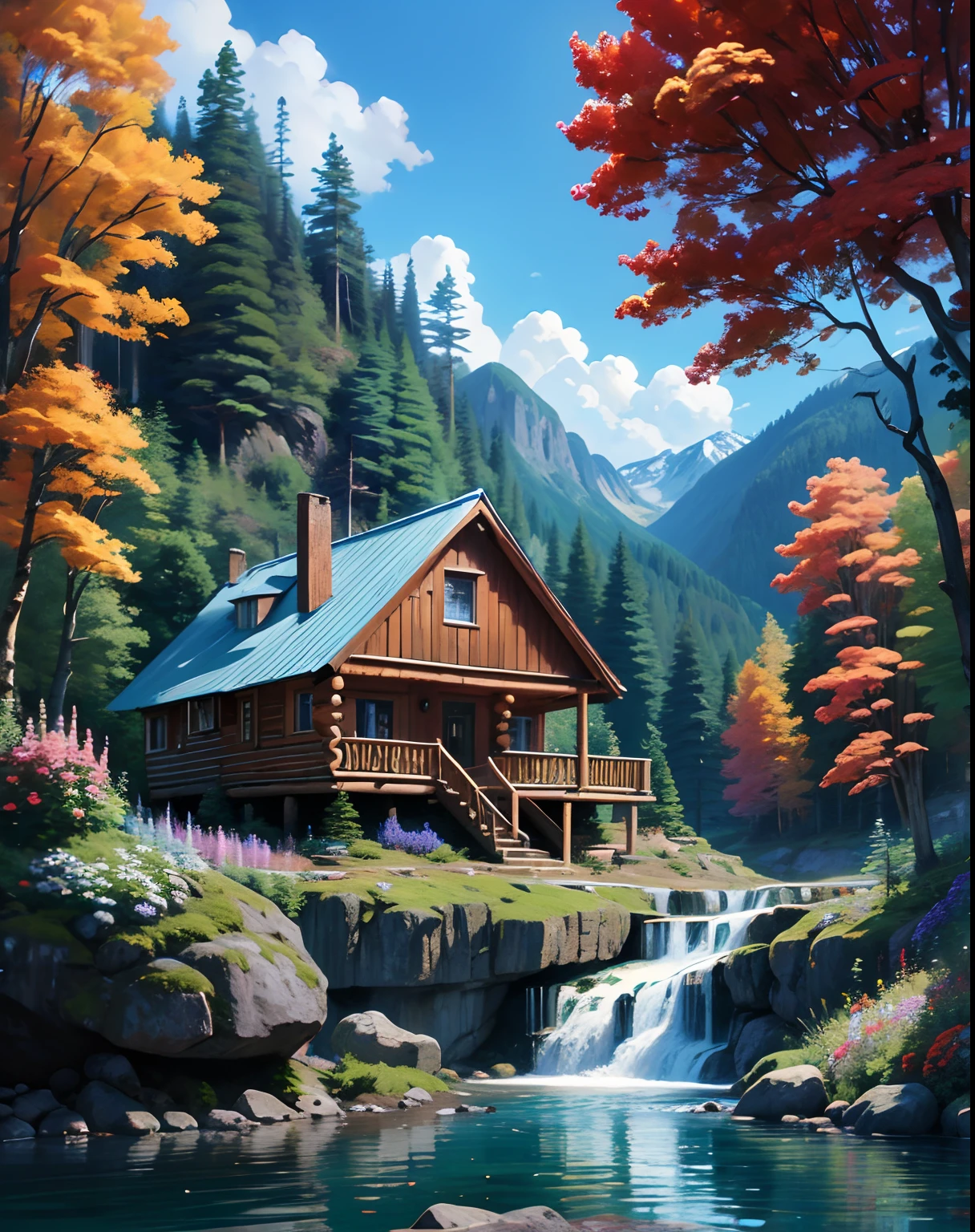 Exaggerated and dynamic scene - cabins, Built on the right side of a small waterfall，This waterfall flows into the lake on the left，Surrounded by rocks and flowers.  The forest in the background has tall trees，and the sky is blue, |  Digital painting with impressionist style and atmospheric perspective, Masterpiece, Best quality, best detail, 16k