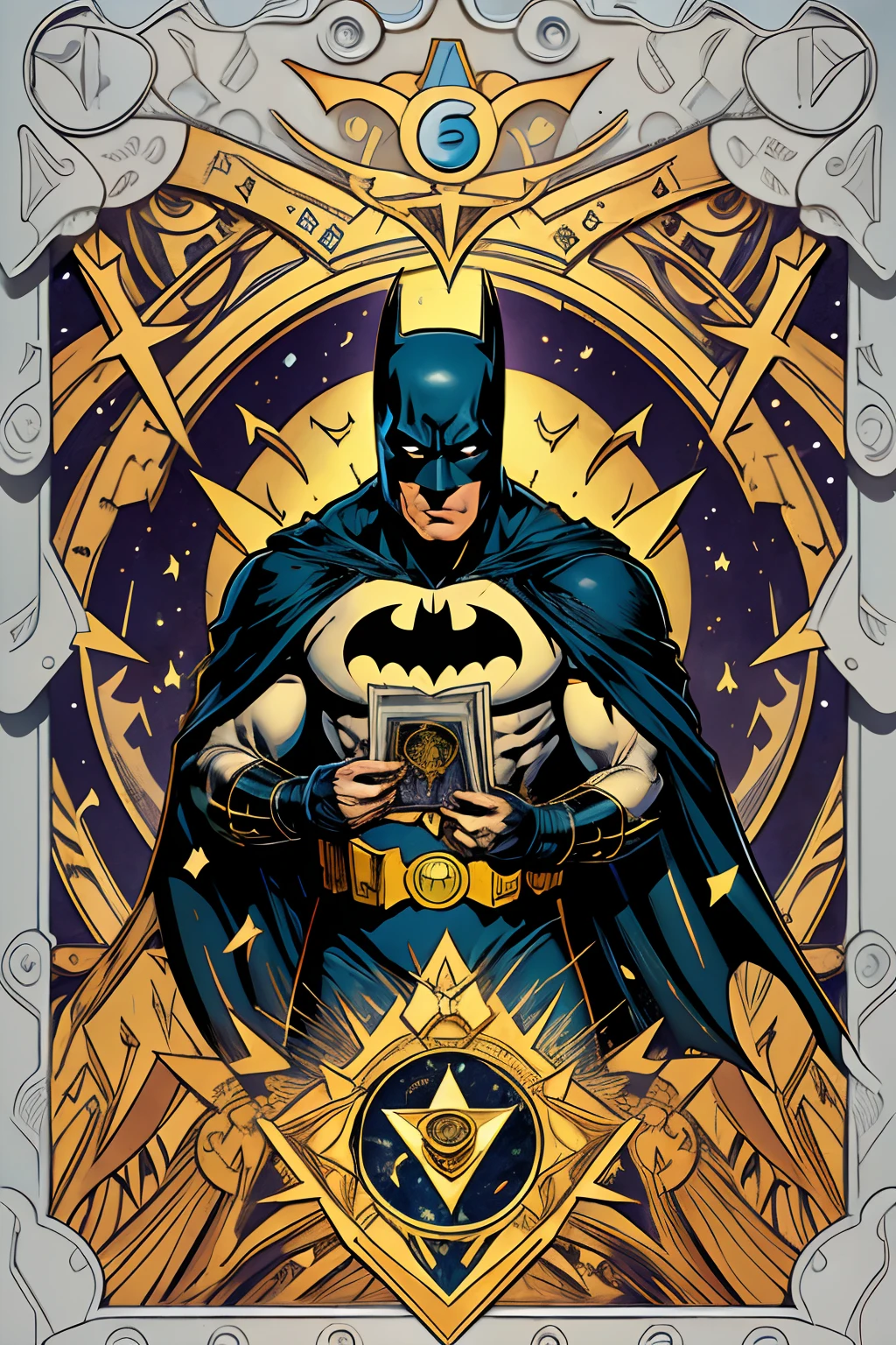 masterpiece, (absurdres, highres, ultra detailed), jim lee, batman, tarot, Symbolism, Visual art, Occult, Universal, Vision casting, Philosophical, Iconography, Numerology, Popularity, Artistic,