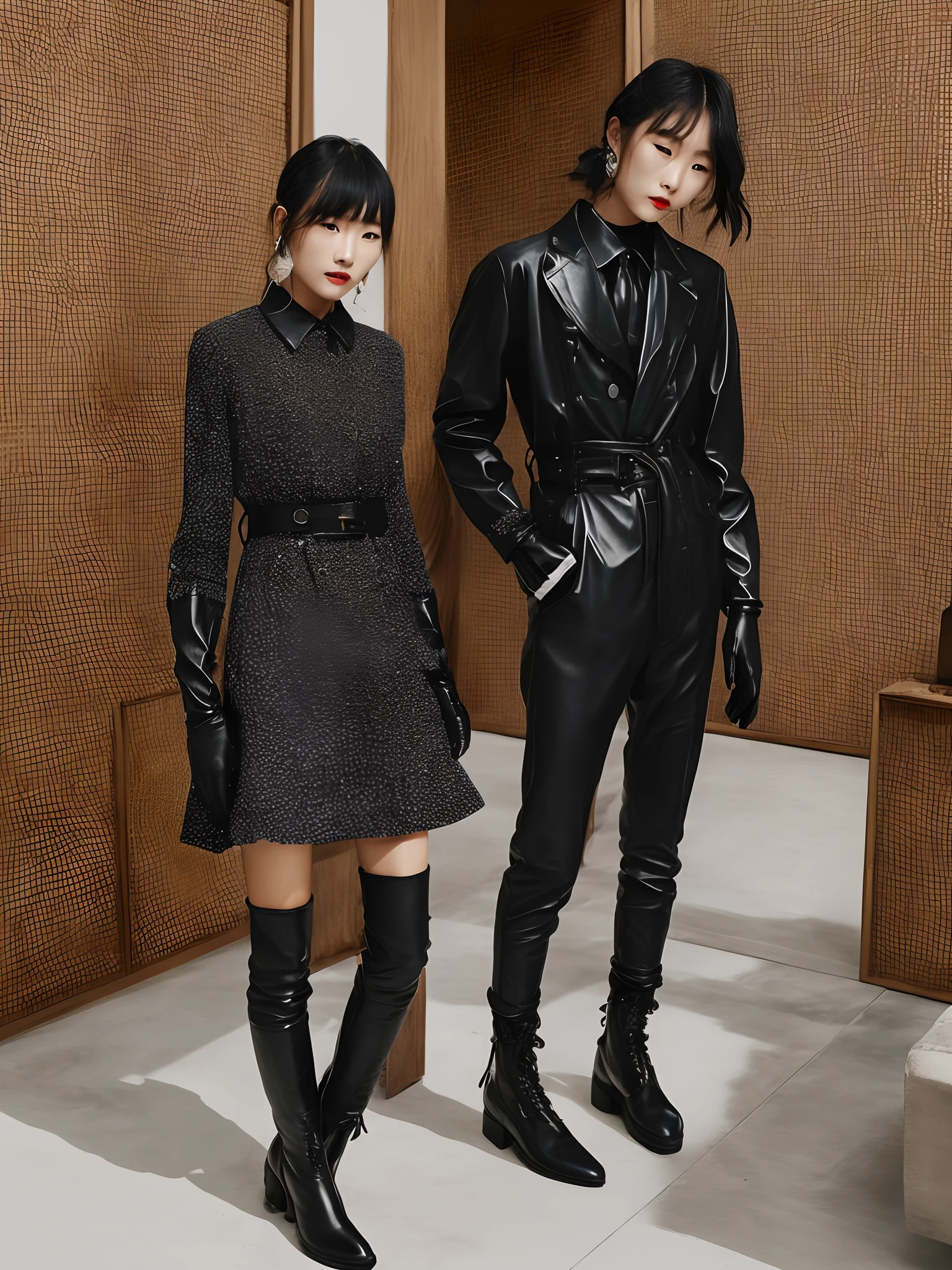 The shirt is also black、Wearing a three-piece suit for men、Young cute Japan woman in black leather gloves 8K、Black leather long boots、((Black leather gloves on both hands))、Black hair ponytail、8K