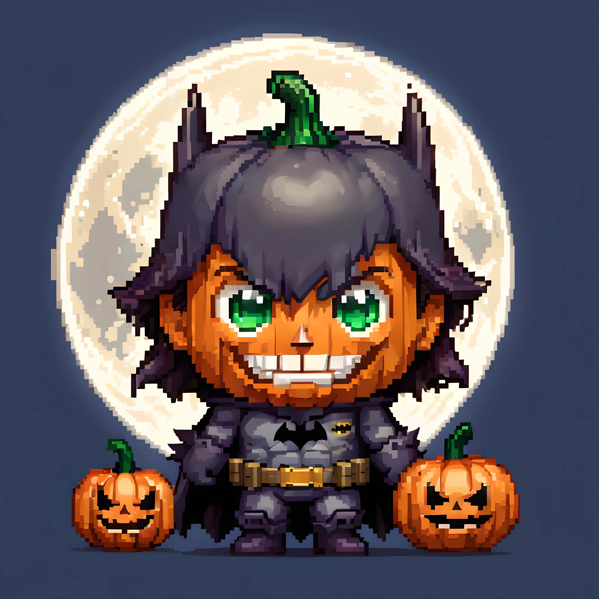 (Pixel art:1.5), (batman:1.5), (Gotham city:1.5), (Halloween:1.5), (pumpkin face:1.5), (moonlight:1.5), cute, pixel art, chibi emote, chibi character, 2D, (pumpkin batman:1.5),