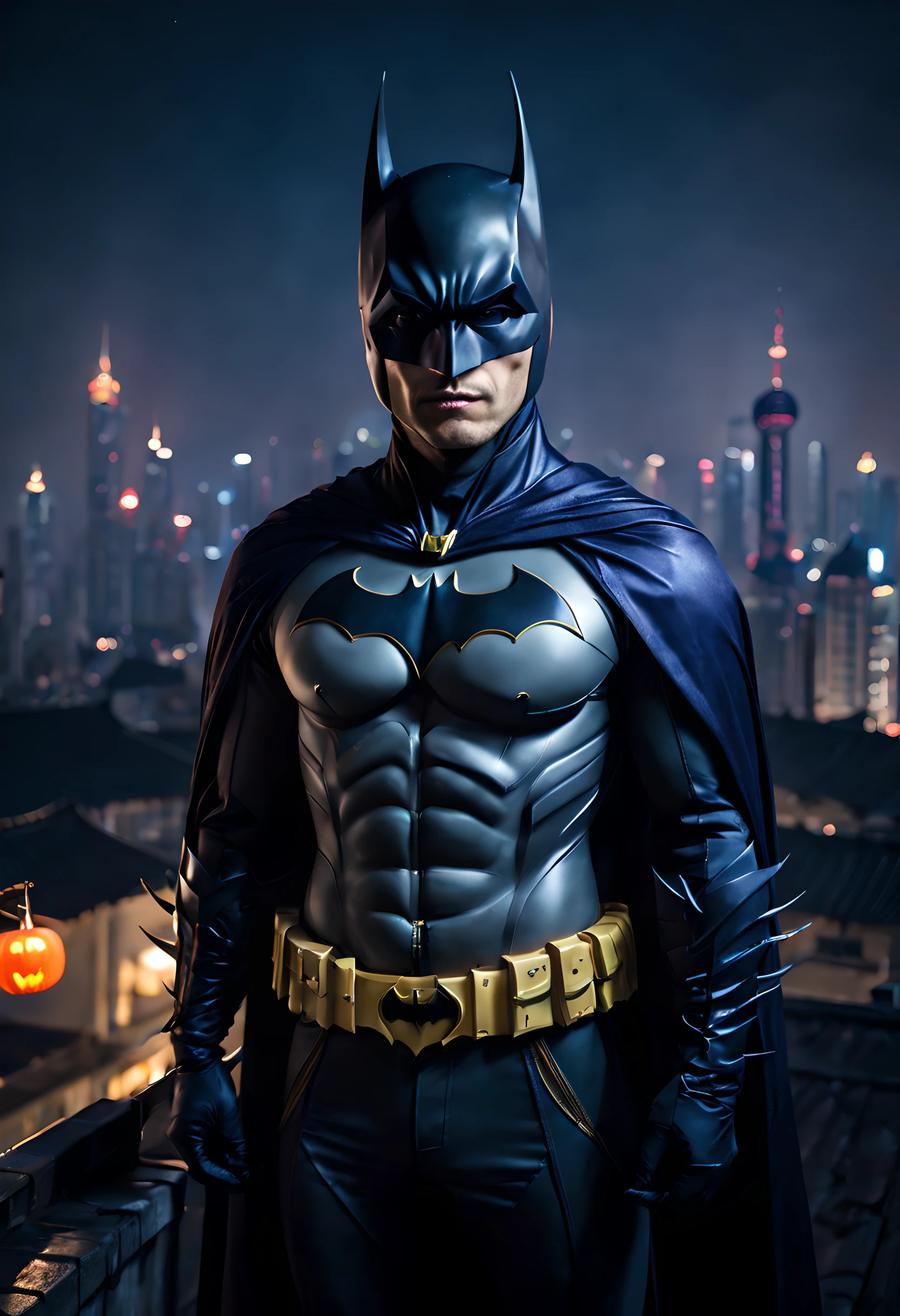 (halloween theme:1.5), (batman:1.5), (fantasy:1.5), (chinese style:1.5), (magic:1.5), (Batman:1.5), (portrait:1.5), (rooftop:1.5), (night:1.5), (midnight:1.5), (shanghai:1.5), (chinese batman:1.5), (wearing a (fusion of batman bodysuit and hanfu:1.5),