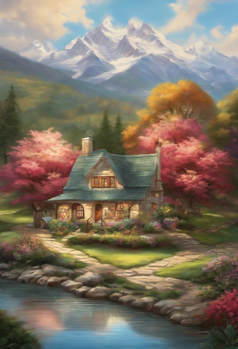Painting of a cottage by the river,The background is a mountain, Flowers by the fence, , peaceful scene, peaceful landscape, in a serene landscape, landscape artwork, highly detailed oil painting, Beautiful oil matte painting, serene scene, style of thomas kinkade, breathtaking masterpiece of art, dream scenery art, Thomas Kinkaide style painting, 8k high res, ultra - detailed, impasto.