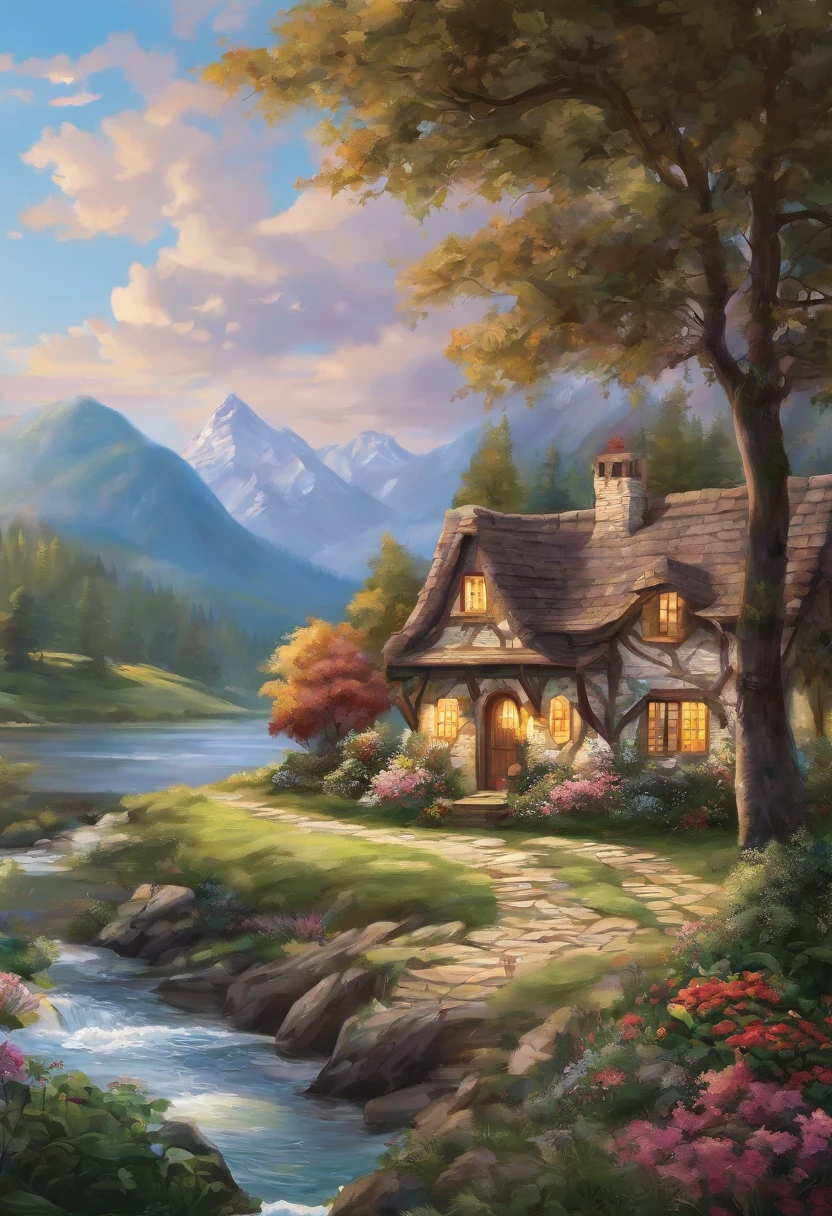 Painting of a cottage by the river,The background is a mountain, Flowers by the fence, , peaceful scene, peaceful landscape, in a serene landscape, landscape artwork, highly detailed oil painting, Beautiful oil matte painting, serene scene, style of thomas kinkade, breathtaking masterpiece of art, dream scenery art, Thomas Kinkaide style painting, 8k high res, ultra - detailed, impasto.