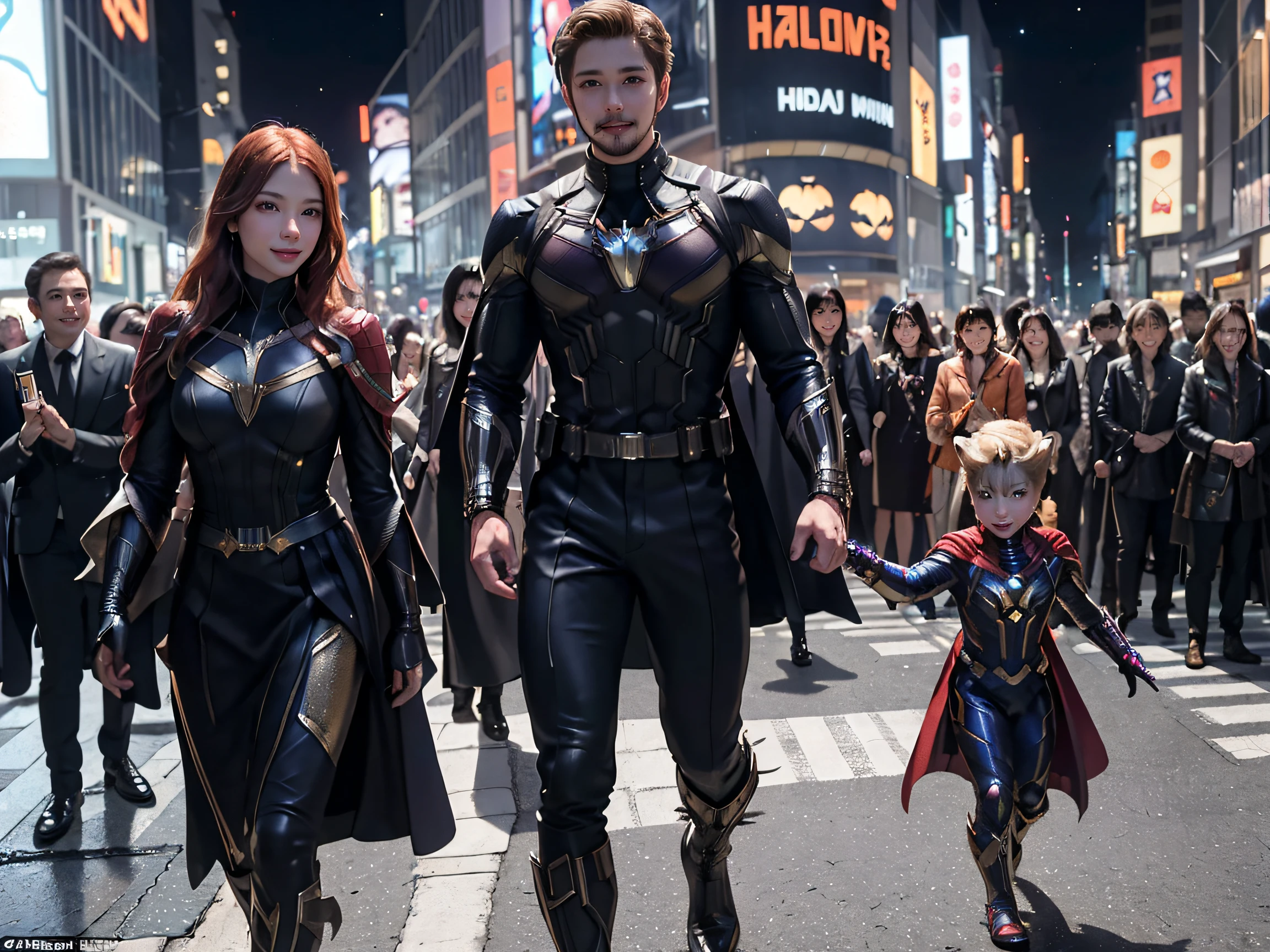 masterpiece, top-quality, top-quality, Beautifully Aesthetic:1.2, Halloween night,
Ironman, Spider-Man, Captain America, Hulk, Wanda, Ant-Man, Black Panther, Thor, Black Widow, Doctor Strange, Star-Lord, Rocket (Raccoon), Groot, Vision, Hawkeye,
BREAK
((The Avengers are in full force:1.2)),
((Walking At the middle of very crowded Shibuya Scramble Crossing decorated with Halloween decorations at late night:1.2)), (Full body shot:1.1), (From below:1.3),
