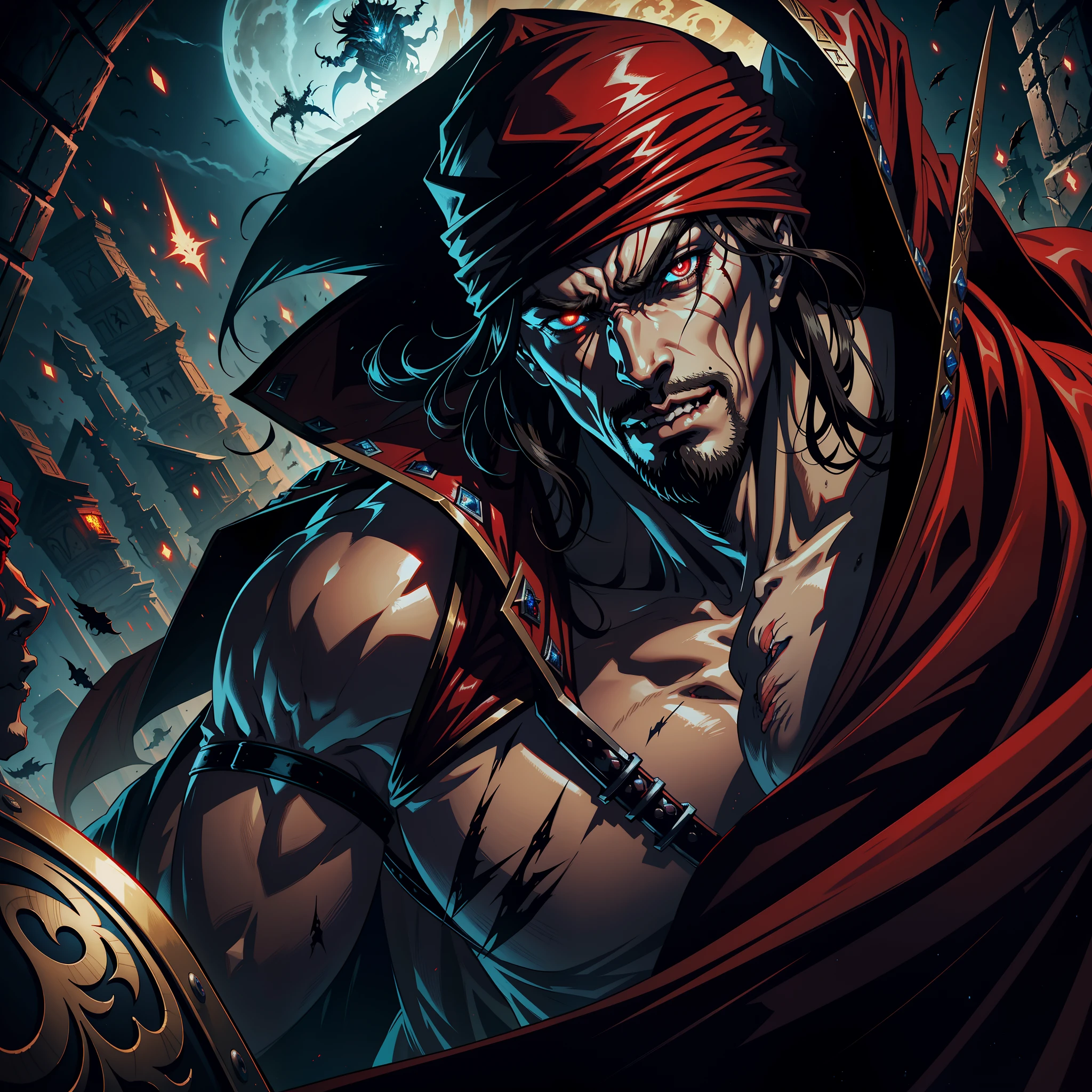Castlevania Hyper Realistic Shadow Lord Super Detailed Dynamic Shooter Lord Dracula Centerpiece Medieval Arab Warrior with Red Turban Scary Face Hokuto No Ken Structure Muscular Face Kenshiro Leading troops Army of demons to fight sharp details Cinematic Scenes Epic Movie Legendary Movie Hyper Realistic Portrait Zoom