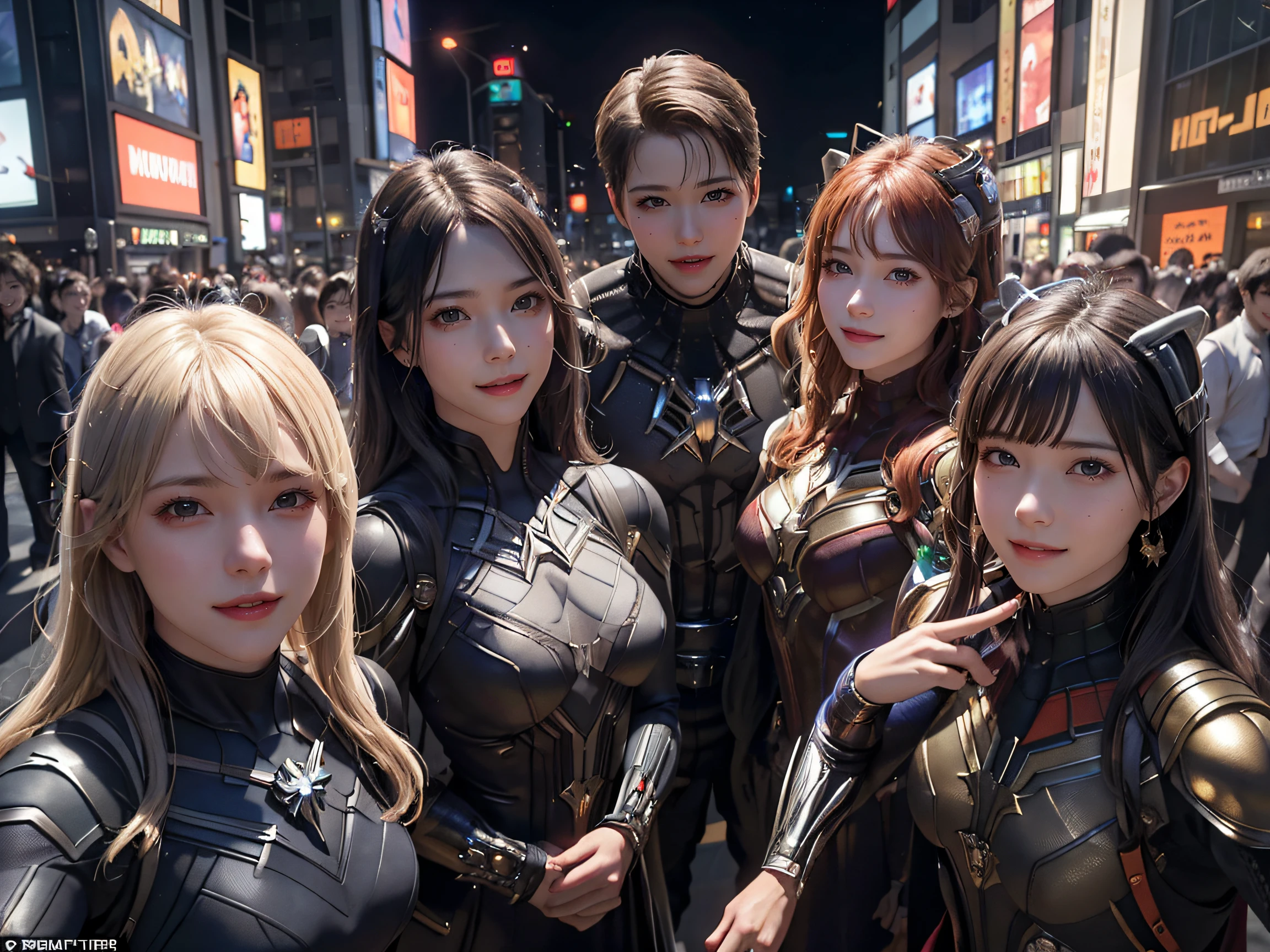 masterpiece, top-quality, top-quality, Beautifully Aesthetic:1.2, Halloween night,
Ironman, Spider-Man, Captain America, Hulk, Wanda, Ant-Man, Black Panther, Thor, Black Widow, Doctor Strange, Star-Lord, Rocket (Raccoon), Groot, Vision, Hawkeye,
BREAK
((The Avengers are in full force:1.2)),
((Walking At the middle of very crowded Shibuya Scramble Crossing decorated with Halloween decorations at late night:1.2)), (Full body shot:1.1), (From below:1.3),