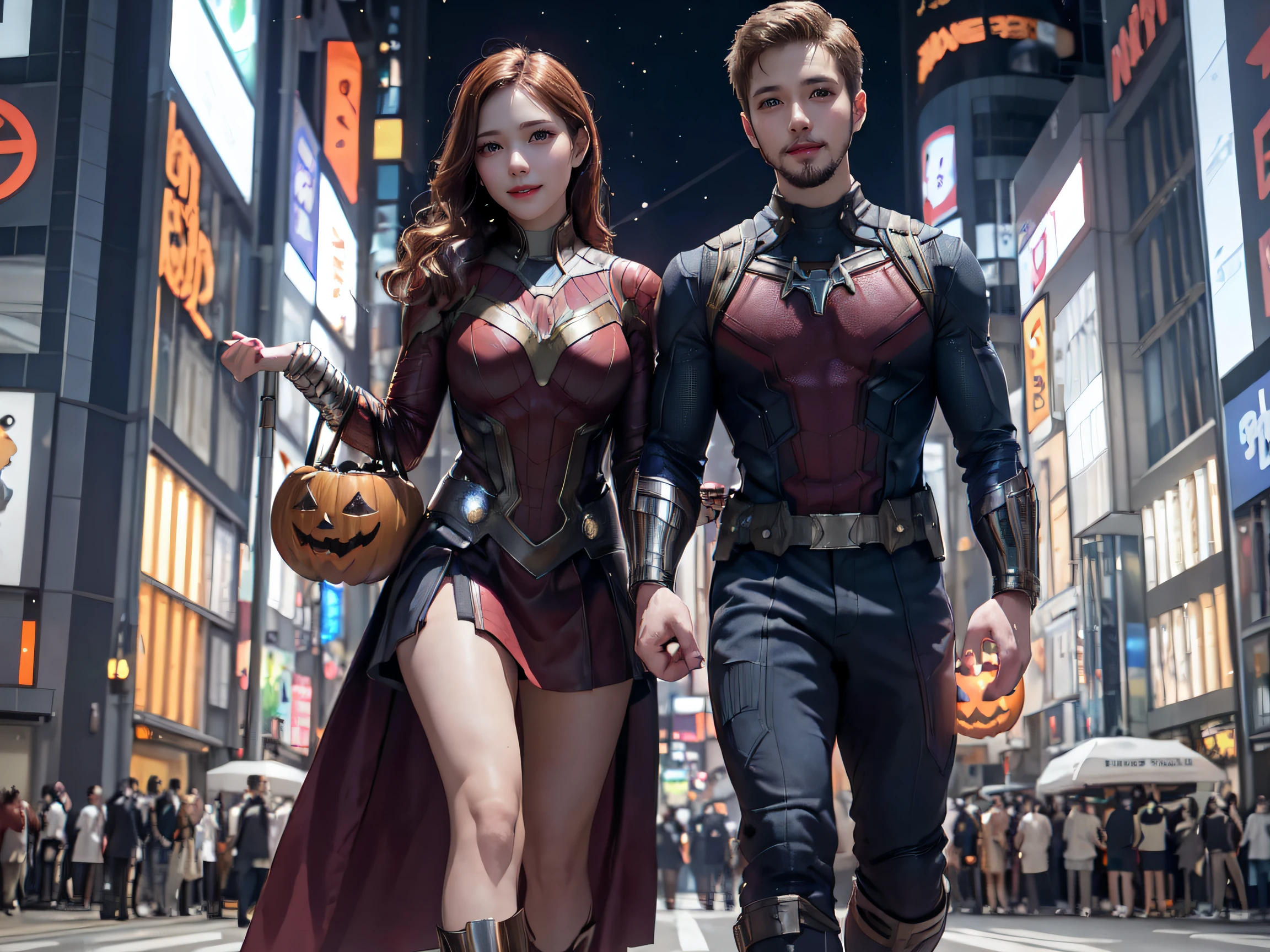 masterpiece, top-quality, top-quality, Beautifully Aesthetic:1.2, Halloween night,
Ironman, Spider-Man, Captain America, Hulk, Wanda, Ant-Man, Black Panther, Thor, Black Widow, Doctor Strange, Star-Lord, Rocket (Raccoon), Groot, Vision, Hawkeye,
BREAK
((The Avengers are in full force:1.2)),
((Walking At the middle of very crowded Shibuya Scramble Crossing decorated with Halloween decorations at late night:1.2)), (Full body shot:1.1), (From below:1.3),
