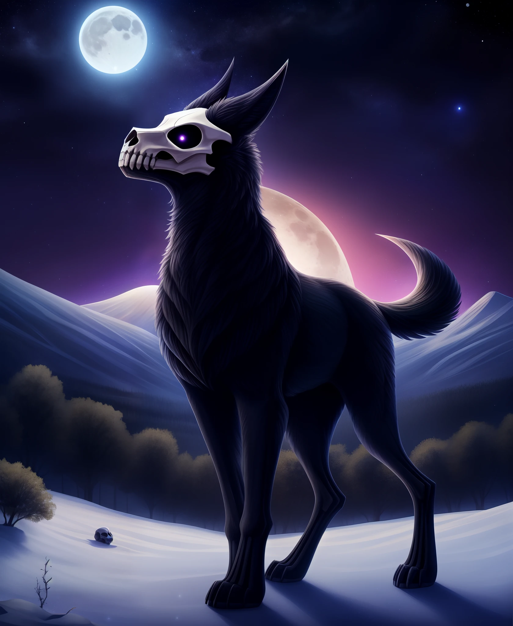 honovy, hioshiru, foxovh, a beautiful and detailed (portrait) of ((malo)), black body, skull head, tail, ((canine, nude)), standing, mountains, clouds, trees ,female subject, solo, looking at viewer, dark, night, moon