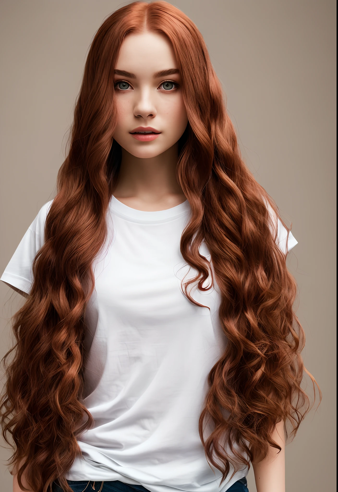 Beautiful young lady in basic black t-shirt,hyper detailed, ultra sharp, long auburn hair in braids, 8k, (insanely detailed:1.5), full body photograph, 20 megapixel, canon eos r3, detailed skin, pale skin