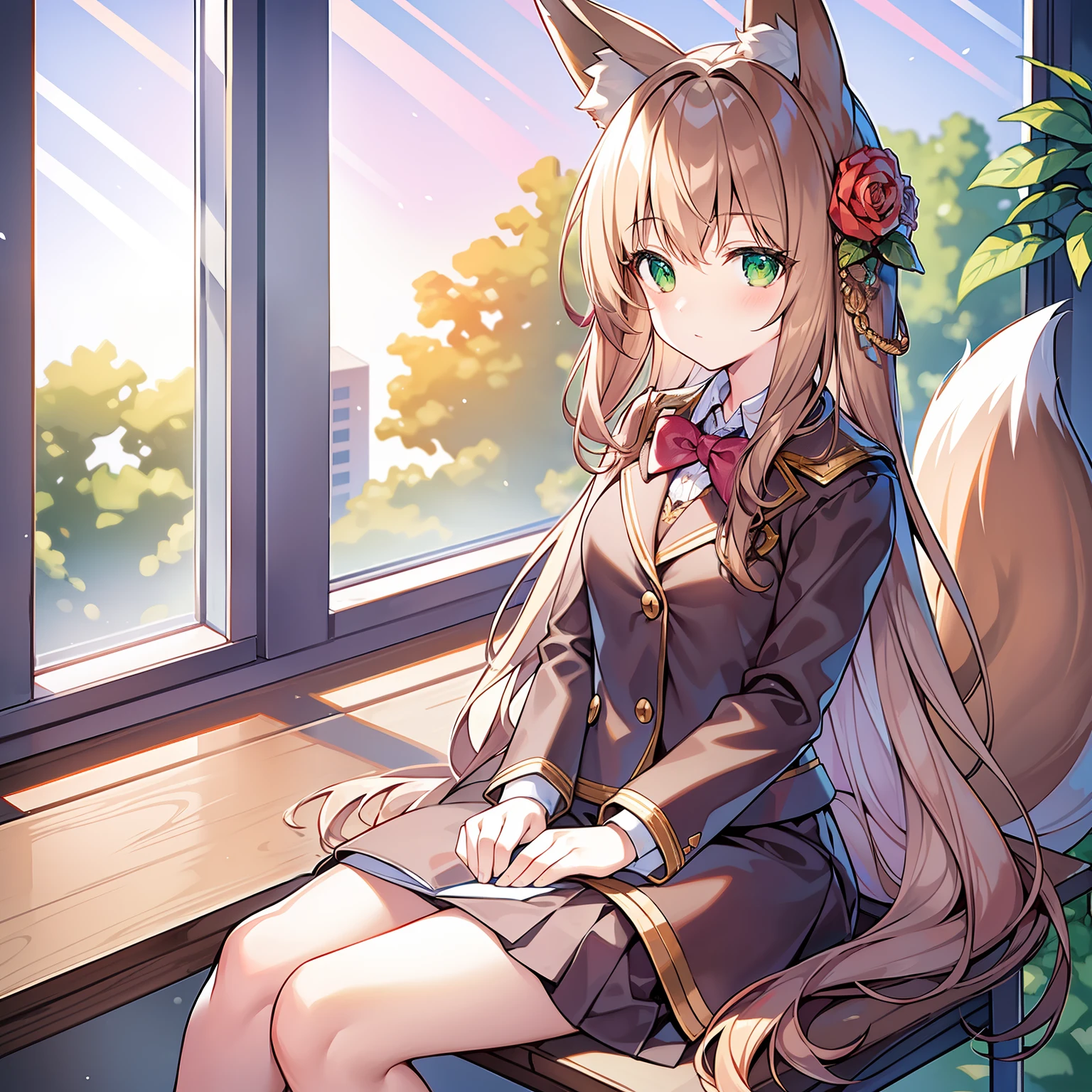 tmasterpiece,best qualtiy,A high resolution,1girll, Solo, (8K wallpaper), (Long brown hair),(Huge fox tail:1.2),Green eyes,Small flower headdress,_C cup,Modern architecture,In a high school classroom,The girl listened intently to the lesson,Wear a high school uniform,Sit by the window,