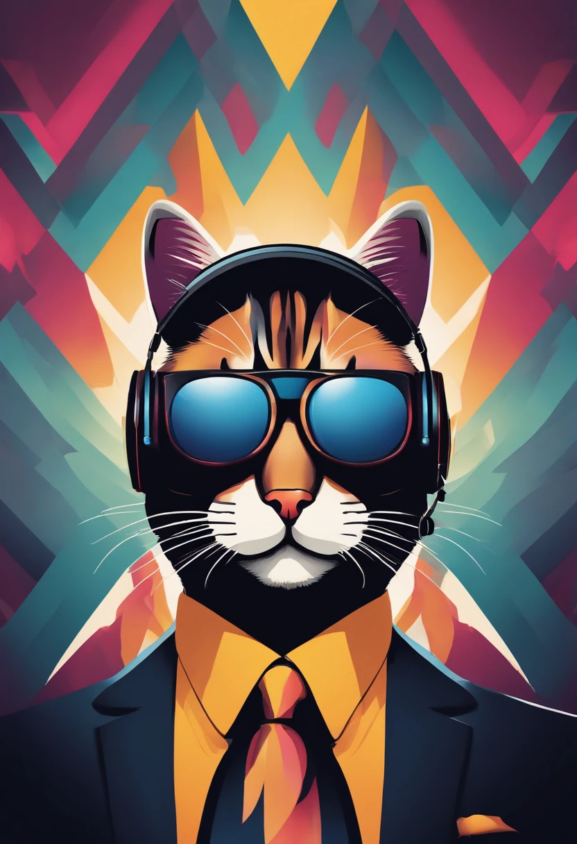 Perfect centering, Cute cat,Wear a suit, Wearing sunglasses, Wearing headphones, cheerfulness, Standing position, Abstract beauty, Centered, Looking at the camera, Facing the camera, Approaching perfection, Dynamic, Highly detailed, Smooth, Sharp Focus, in 8K