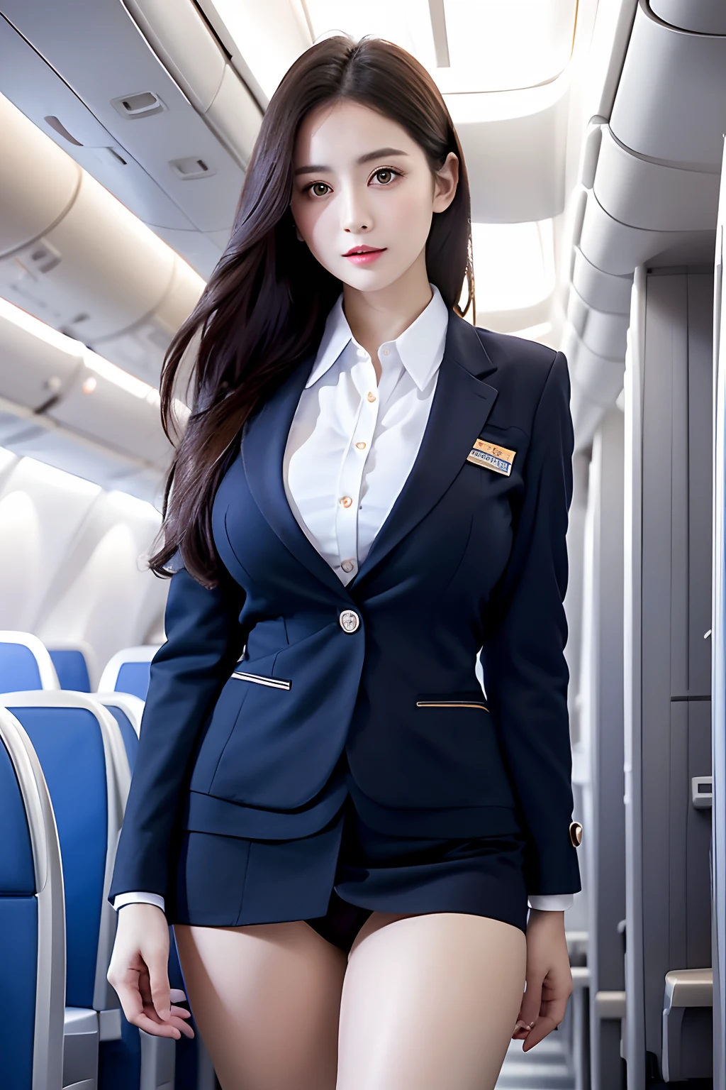 top-quality, ​masterpiece, 8K, 超A high resolution, (Photorealsitic:1.4), 1girl in、Beautiful expression、symmetrical eye、Colossal tits、Perfect body proportion、Stewardess uniform、Unbutton the chest、Look at viewers、(Inside the plane:1.2)、long legged(1.3)、