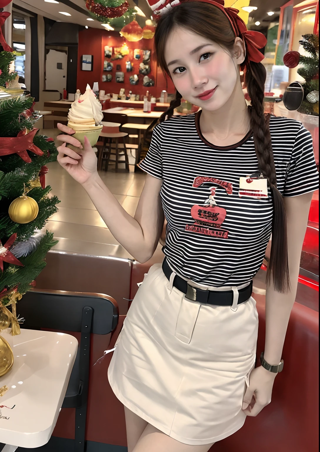 ice_cream_Girl woman with pigtail in ice cream shop, big breastes, t shirt, cream skirt, Crossing Your Arm Behind, Christmas tree