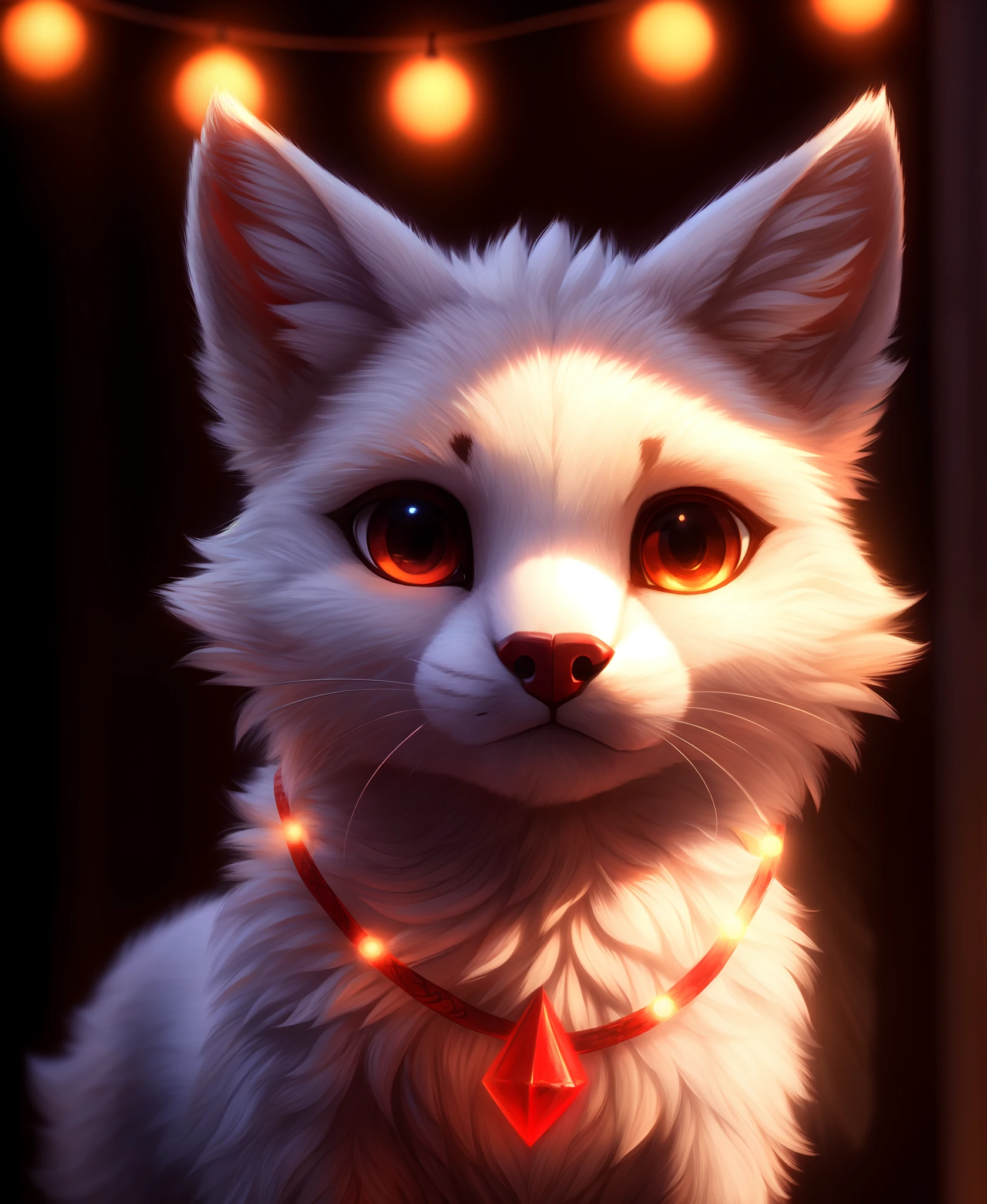 furry, white fur, ultra cute face, red elements on fur, glowing t-shrt, beautiful lights and shadows, ambient light, ultra detailed fur, volumetric light