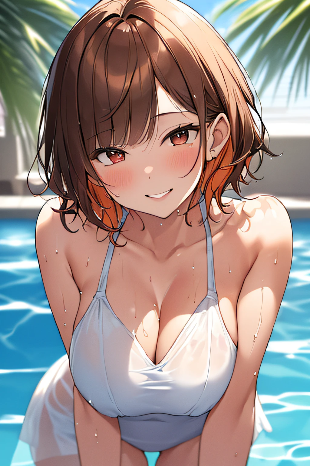 in poolside,Wet Dress Competition Swimwear,Competition Swimsuit Slip,School swim wear,wetted skin,Wet face,(Glossy light brown and orange two-tone wavy short-cut hair),(wet and disheveled hair),Cute round face red lipstick,A cute smile that makes the viewer happy,large full breasts,Leaning forward from the pool,Bold sexy poses,Digital Illustration,(natural soft light),(Sunlight),(Professional Lighting),(Photorealsitic:1.3),(Raw photo.),(masutepiece,top-quality,Ultra-high resolution output image,) (The 8k quality,),(Image Mode Ultra HD,)