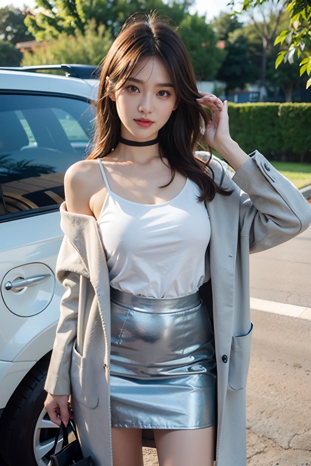 top-quality、超A high resolution、(Photorealsitic:1.4)、1人、Brown hair、long、waved hair、White camisole、Black tight skirt、Black Choker、(faded ash gray hair:1)、(huge-breasted:1.2)、looking at viewert、beautiful long coat, full body , standing in front of the luxury car , shopping bags