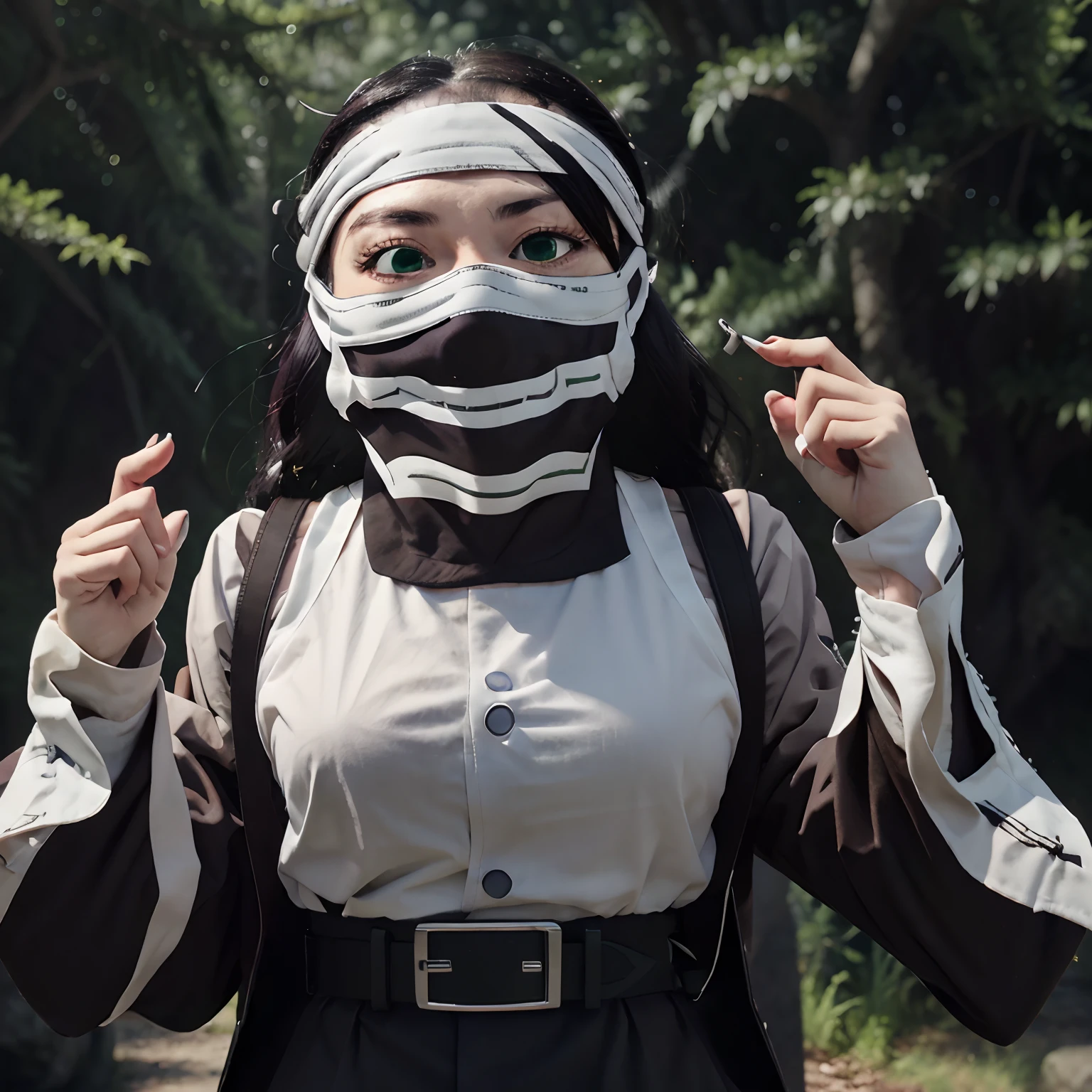 outdoor,forest,high quality,Masterpeace,Kakushi_Girl, 1girl, solo, black hair, green eyes, belt, horizontal stripes mask, black and white mask, white belt, demon slayer uniform,bandana,short hair,forehead