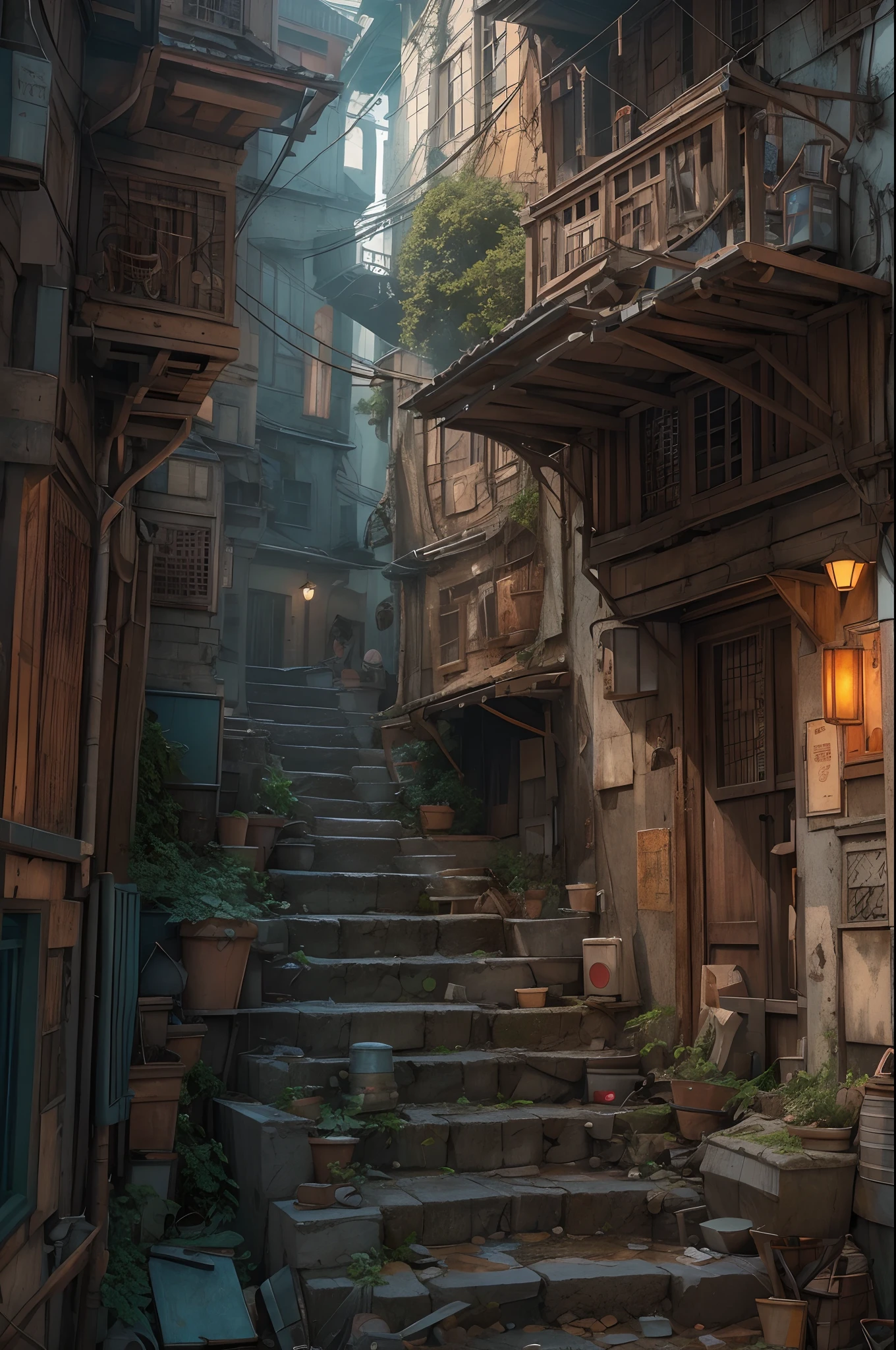maze, Narrow steep staircase, Old Building, Floating buildings, Urban, City rain, art by miyazaki and Ian McQue and Akihiko Yoshida and Katsuya Terada, colorful, trending on artstation, gorgeous, ultra-detailed, realistic, 8k, octane render, hyper detailed, cinematic, Prores lense, Low angle shot, Desaturated color grading, rear projection, Tungsten light, Dynamic shadows, indie film,