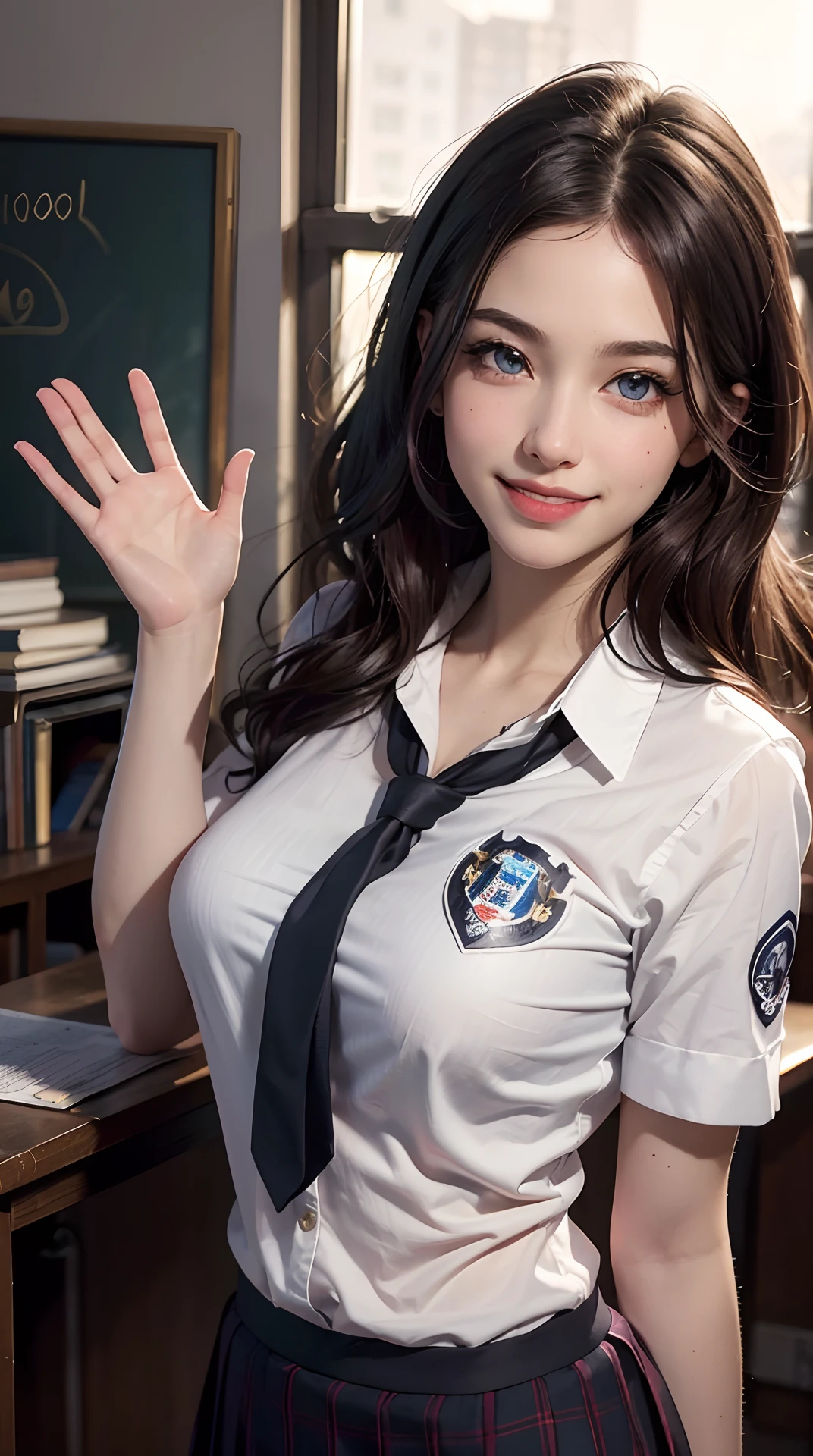 (best quality,4k,8k,highres,masterpiece:1.2), ultra-detailed, (realistic,photorealistic,photo-realistic:1.37), (beautiful detailed eyes, beautiful detailed lips, extremely detailed eyes and face, long eyelashes), studio lighting,physically-based rendering,vivid colors, (big tits, super big tits, super extra big tits:0.8), (high school girl's uniform:1.5), (smiling and waving:1.37),