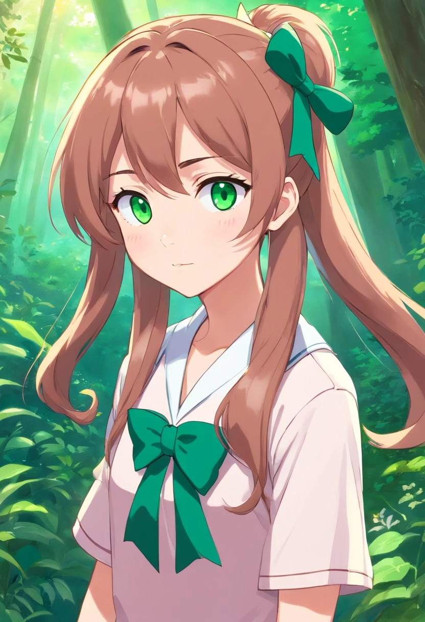monika doki doki Literature Club, a teenage girl with light brown hair with emerald green eyes that she keeps tied in a ponytail with a large white bow. He also has two long strands of hair on the sides of his face, in the style of the quiet gardens, Colorful animation stills, Embry style, Honest representation